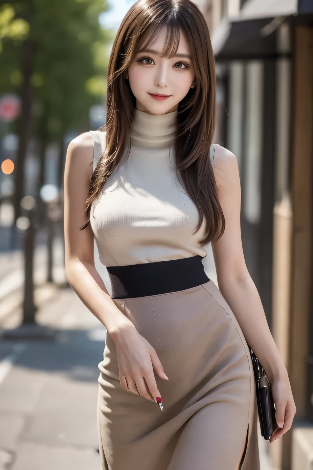 masterpiece,best quality, ultra highres,8k,16k,delicate photography, sharp line, sharp focus, (perfect anatomy:1.5), RAW photo, resolution,realistic,ultra detailed,sharp focus,RAW photo,白,蒼,黒,UHD,
BREAK,
22years old,beautiful Japanese girl,
beauty hair,color contact eyes,long lashes,large breasts,
(mock neck sleeveless knit shirts),(high waist pencil long skirts:1.5),pantyhose,high heels,
BREAK,
walking,smile,Photo style,(full shot),in the city,momo,1girl,gal.safetensors,sagging
breasts,