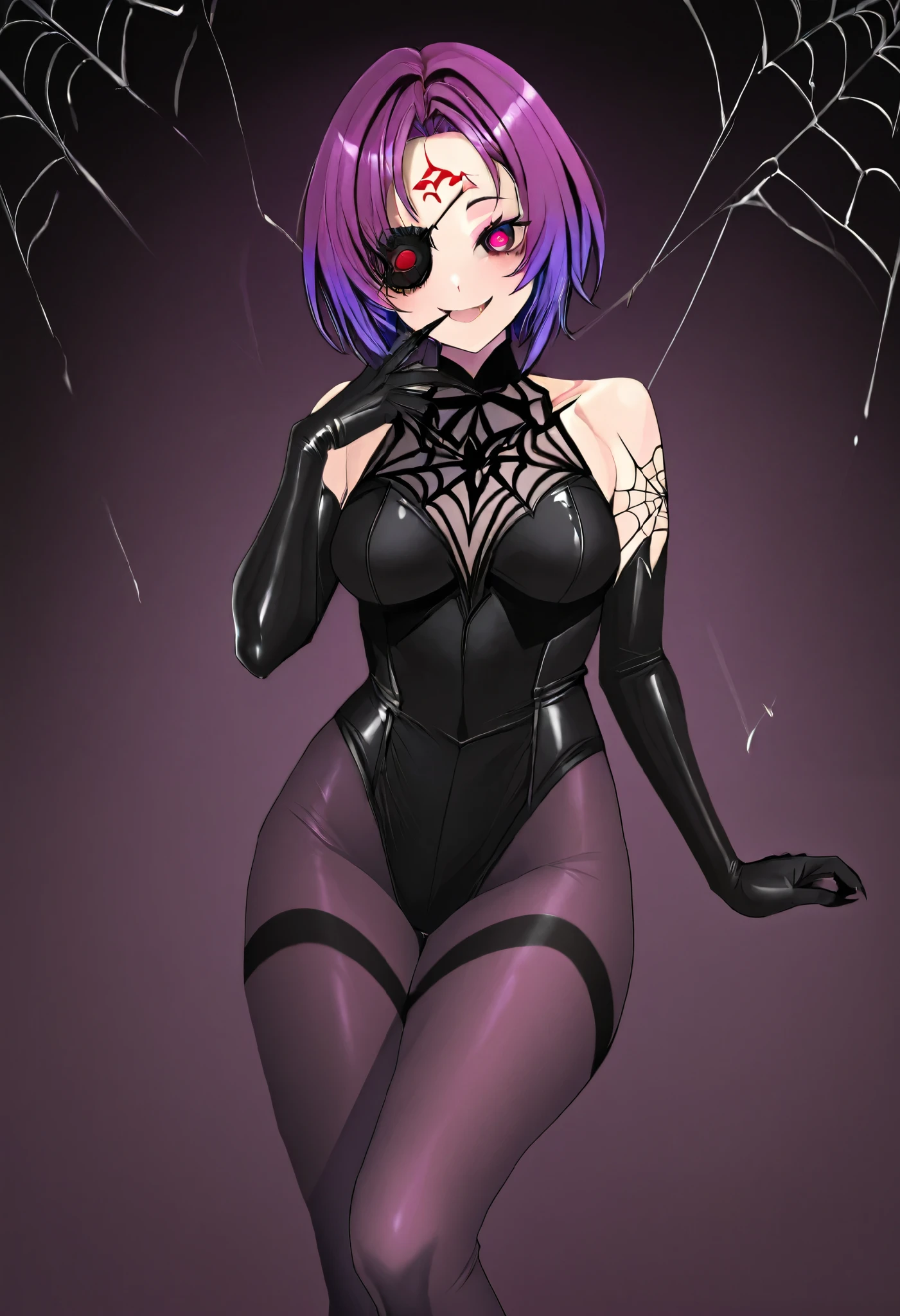 (Girl fused with a spider). Succubus-style. Leg of an insect. spider motif. spider web pattern. Black and purple hair. Two-tone hair. Shoulder. Short hair. High legs. Body tights. Sharp claws. Spider eyes on the forehead. Spider web tattoo around the eye. Black paint hands. Yandere Smile.