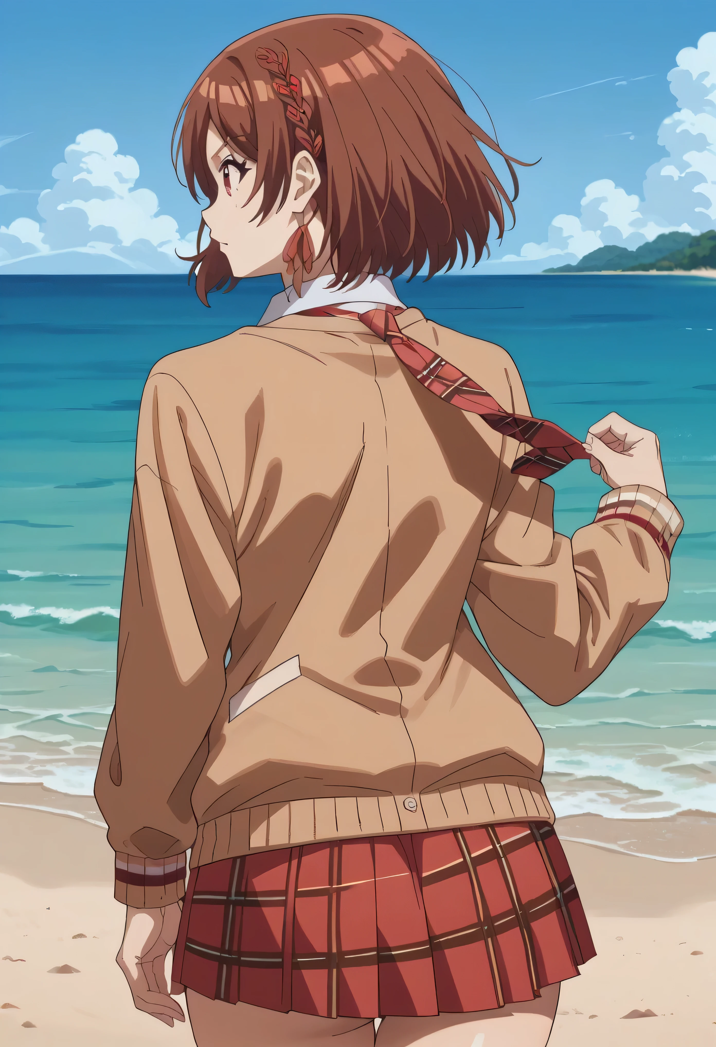 akane sakuramori, short hair, brown hair, red eyes, braid, hair ribbon, medium breasts, anime screencap, wide hips, thighs, beach, wide hips, thighs, in the ocean, back view, skirt, shirt, long sleeves, school uniform, necktie, collared shirt, plaid, red skirt, cardigan, red necktie, brown cardigan, plaid necktie, yellow cardigan