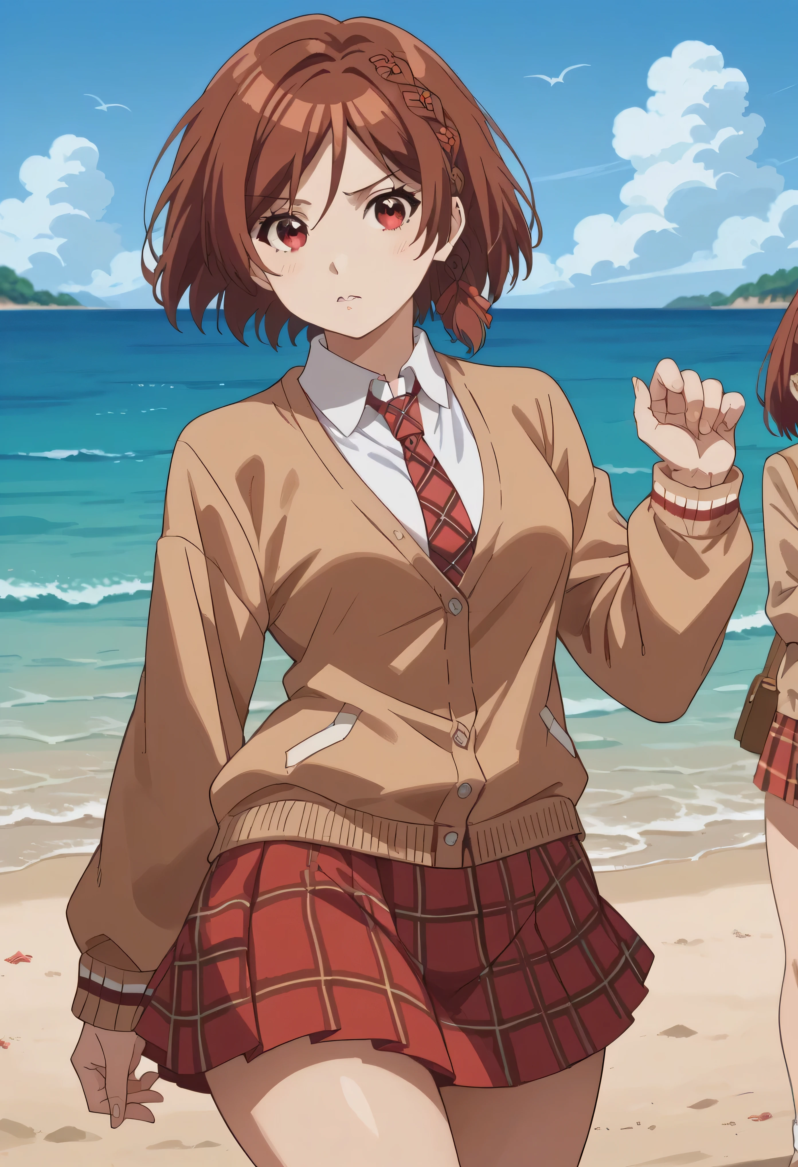 akane sakuramori, short hair, brown hair, red eyes, braid, hair ribbon, medium breasts, anime screencap, wide hips, thighs, beach, wide hips, thighs, in the ocean, skirt, shirt, long sleeves, school uniform, necktie, collared shirt, plaid, red skirt, cardigan, red necktie, brown cardigan, plaid necktie, yellow cardigan