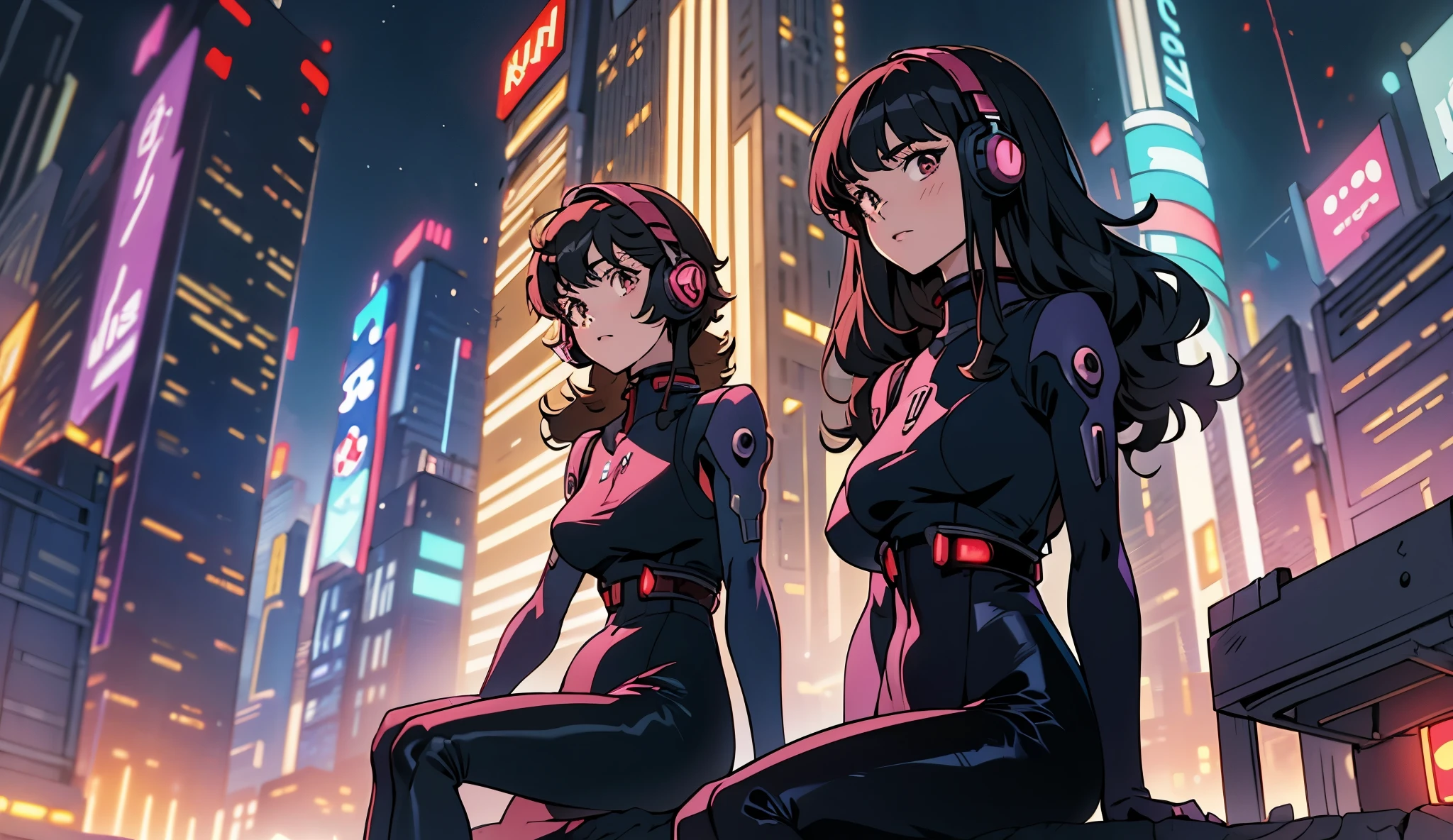 A full-bodied curvy girl with big hips without exaggeration, somewhat gothic , Black-haired with curlers and brown eyes, dressed in tight futuristic Evangelion-style clothing that is half robot, with large headphones of many colors with lights in their ears sitting listening to music and their groove, in the background a futuristic cyberpunk style city , full image, 4k, retro anime, real hands, anime de los 90. Una sola chica.