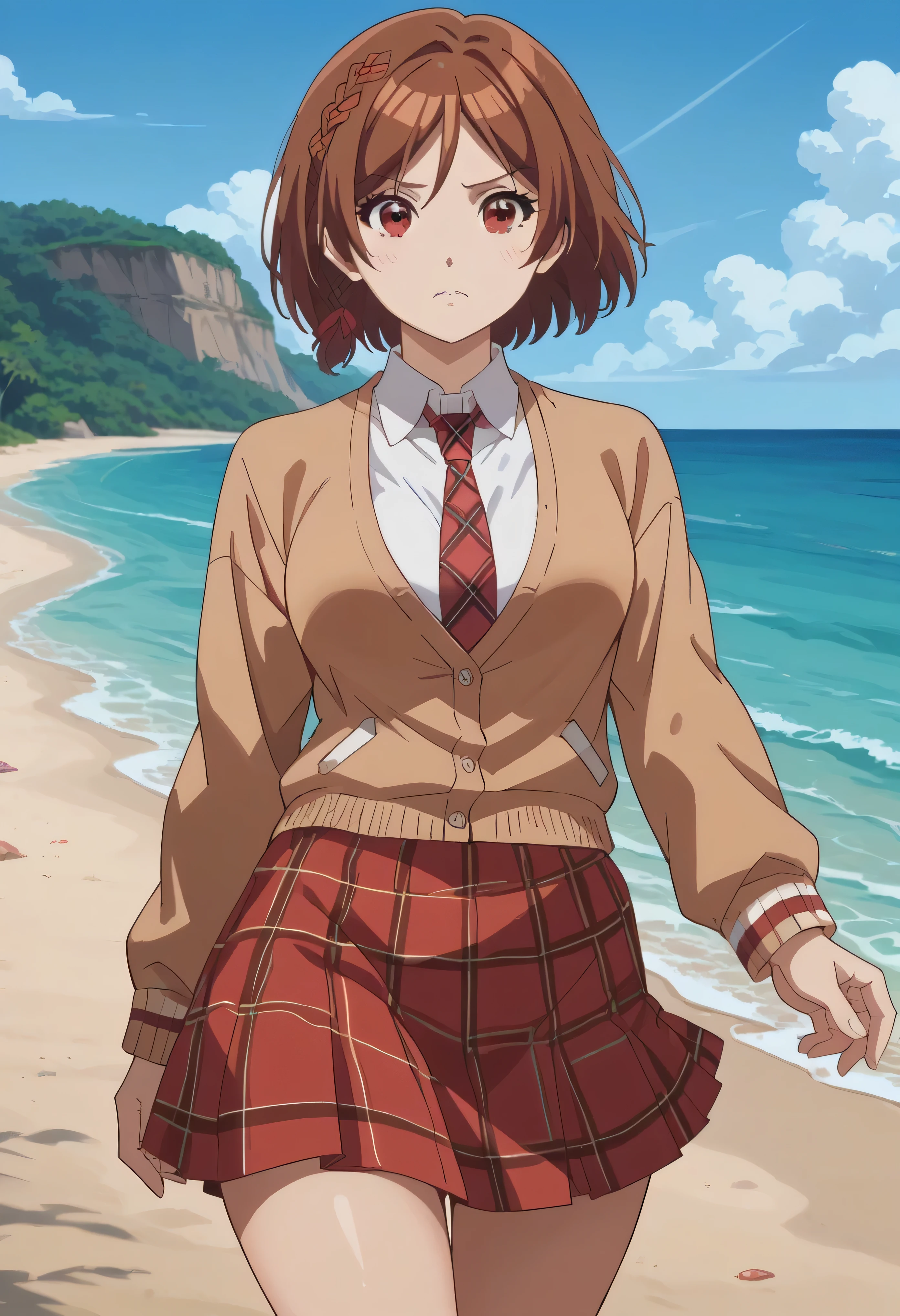 akane sakuramori, short hair, brown hair, red eyes, braid, hair ribbon, medium breasts, anime screencap, wide hips, thighs, beach, wide hips, thighs, in the ocean, skirt, shirt, long sleeves, school uniform, necktie, collared shirt, plaid, red skirt, cardigan, red necktie, brown cardigan, plaid necktie, yellow cardigan