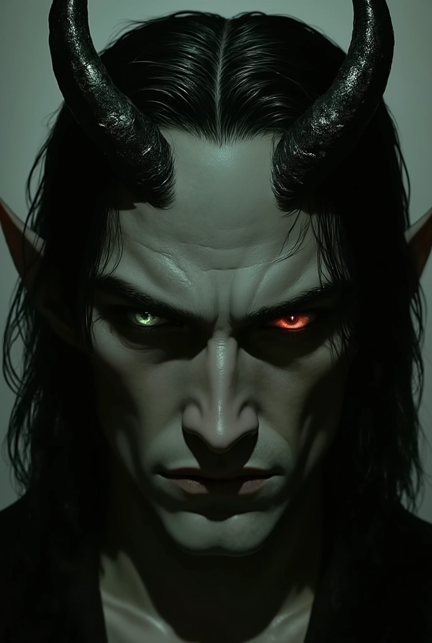Man with imposing demonic appearance, with greyish skin and dark horns that curve backwards. His eyes are different colors: one red and one green, which accentuates its disturbing appearance. her hair is black, straight and shoulder length. His figure is tall and muscular., with a presence that combines elegance and ferocity.