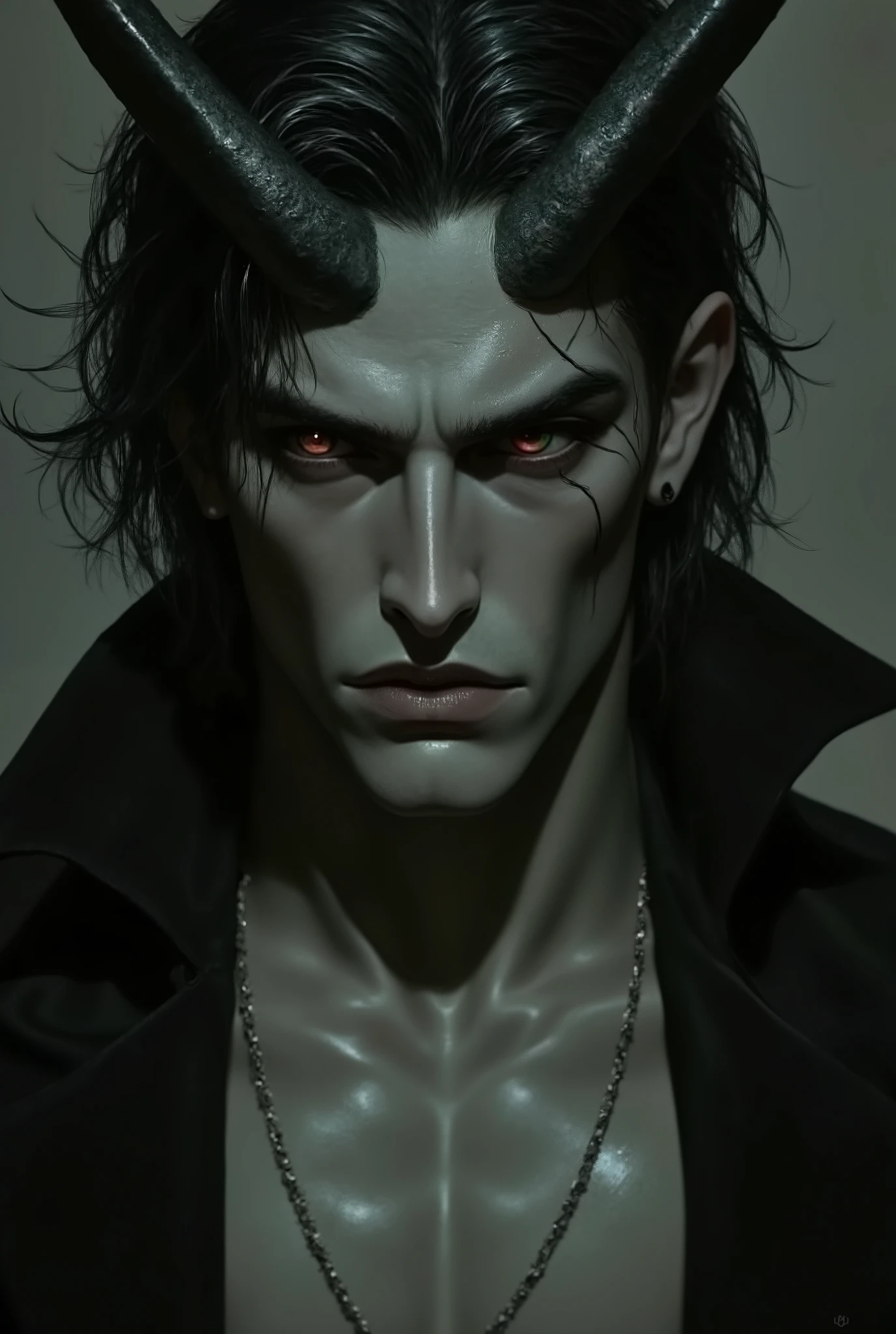 Man with imposing demonic appearance, with greyish skin and dark horns that curve backwards. His eyes are different colors: one red and one green, which accentuates its disturbing appearance. her hair is black, straight and shoulder length. His figure is tall and muscular., with a presence that combines elegance and ferocity.