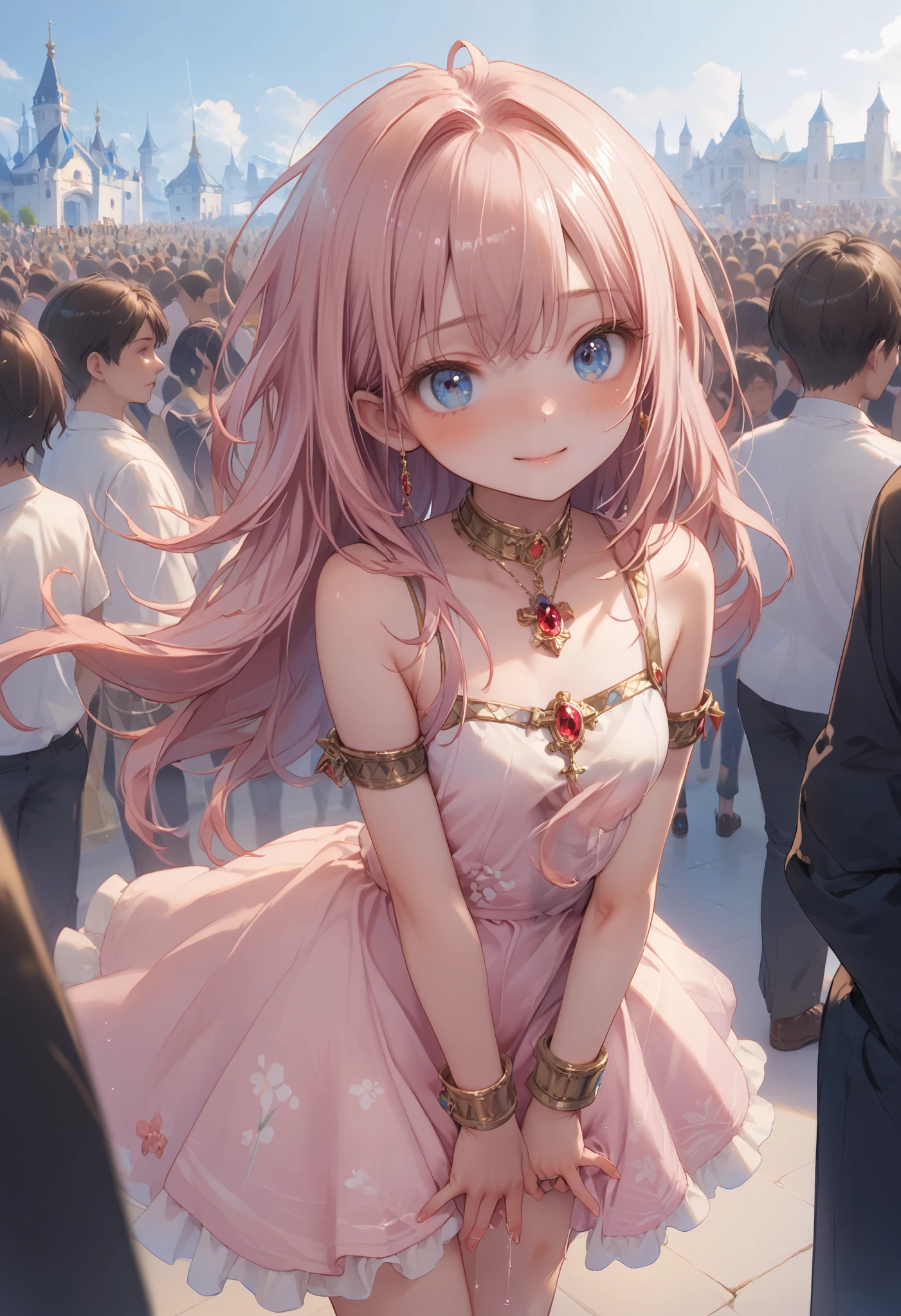 (( highest quality)), ((masterpiece)), ( details), 1 r , pink haired sexy berry dress with long hair、Masturbation Act、 white skin、Stage in the crowd、Ecstatic Face、 liquid dripping from crotch、 put your finger in the crotch、 pale blue eyes、 hair reaching the shoulders