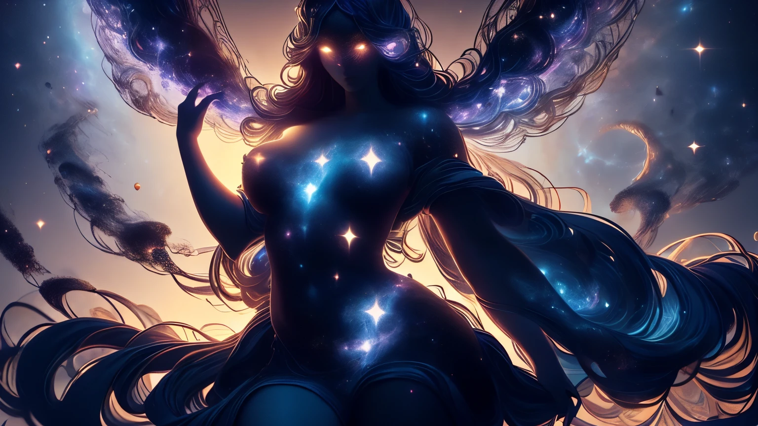 goddess of space and time, Celestial Giants, skirt, Intricate Smoke Bodies, Detailed Celestial Elements, Ethereal atmosphere , Shining Cosmic Energy, Dramatic Lighting, digital art, 8,000, High Resolution, Realistic Photos, Movie, masterpiece
