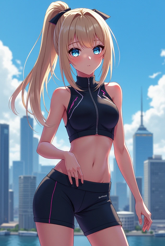 top quality、Best image quality、masterpiece、girl((18 years old、Sportswear、Black sports bra、Blue short pants、best tits、chest 85、blond hair、long hair、blue eyes、open your chest wide、valley、happiness、Black bracelet on the wrist、slim、Slouching pose、earring、The wind blows、sweating、Extend your right hand))high quality、Visual arts、background((gymnasium))、table top、