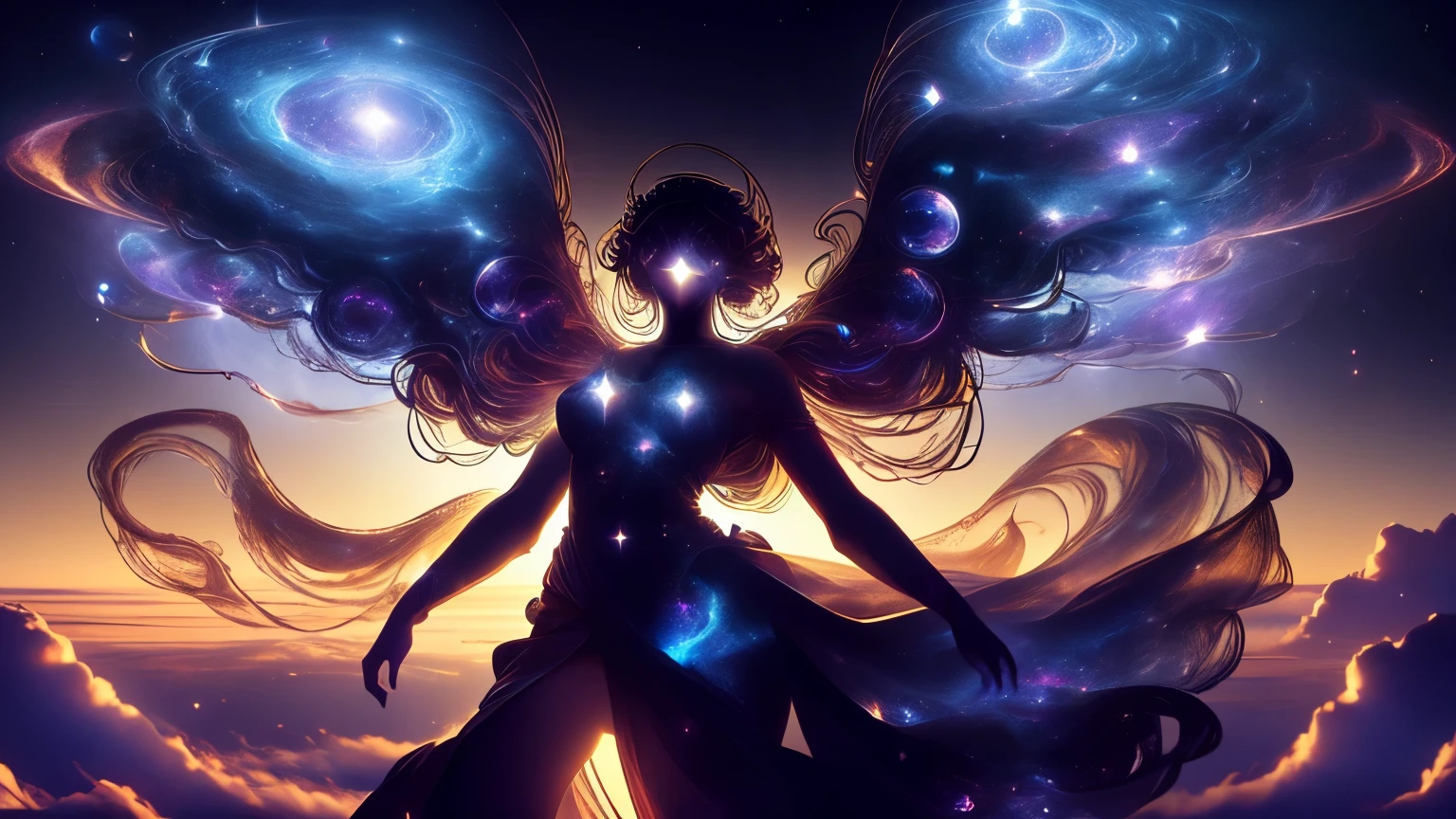 goddess of space and time, Celestial Giants, skirt, Intricate Smoke Bodies, Detailed Celestial Elements, Ethereal atmosphere , Shining Cosmic Energy, Dramatic Lighting, digital art, 8,000, High Resolution, realistic photos, Movie, masterpiece