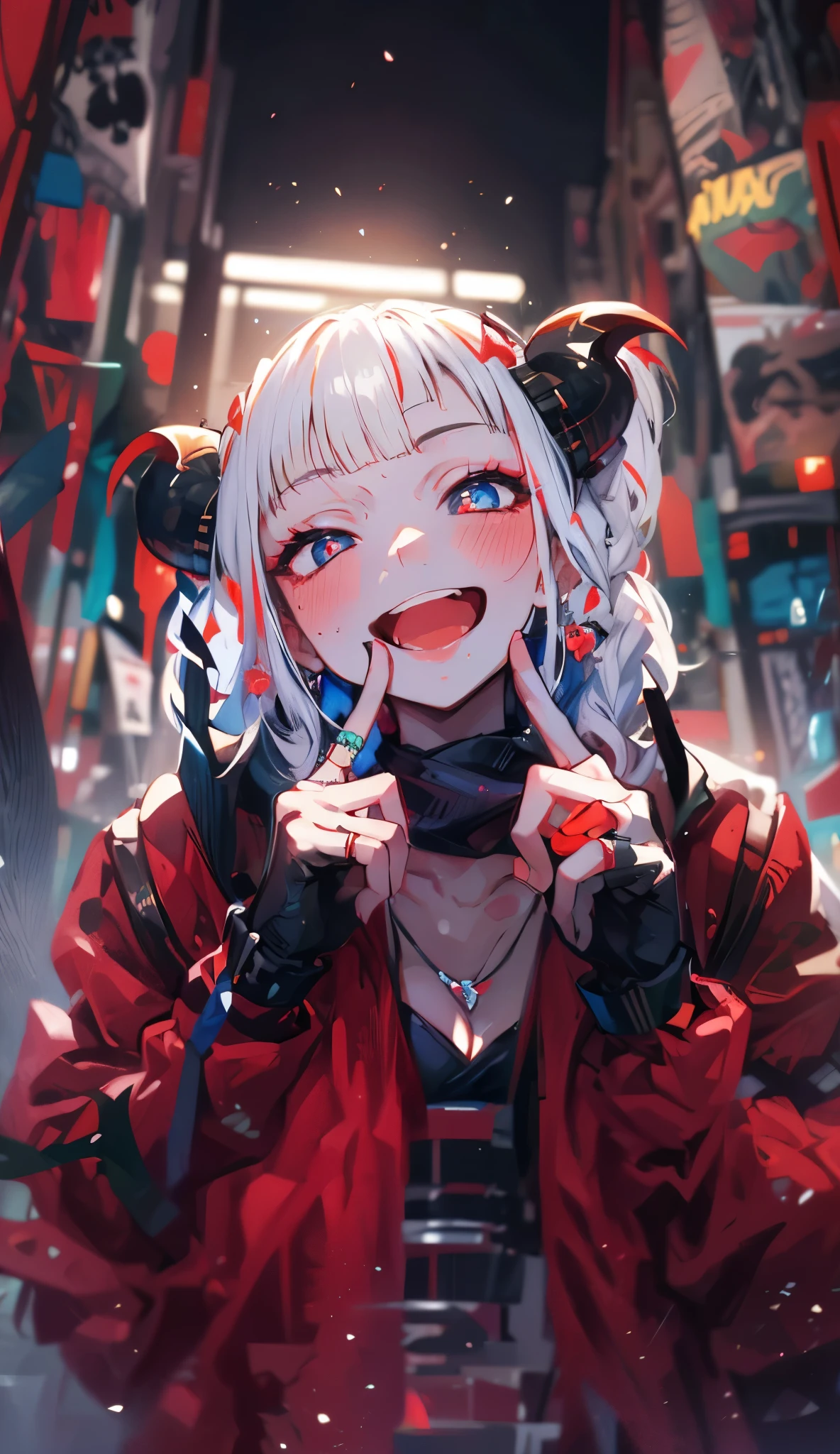 best quality, masterpiece, highres, 1girl, demon girl, demon horns, long hair, white hair, sorrindo, presas de vampirto, long red scarf, hair ornament, twinkcle, necklace, jewelry, Beautiful face, upon_body, tyndall effect, photorealistic, dark studio, rim lighting, two tone lighting,(high detailed skin:1.2), 8k uhd, dslr, soft lighting, high quality, volumetric lighting, candid, Photograph, high resolution, 4k, 8k, Bokeh, red aleatorio detalhes