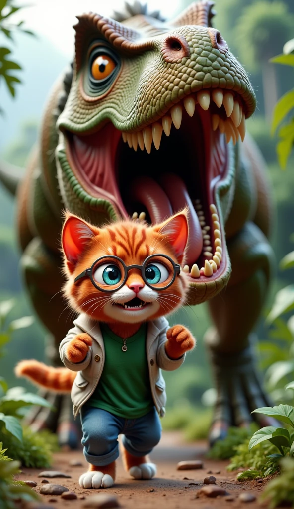 In the prehistoric jungle of the Jurassic period. A red anthropomorphic kitten with big, frightened, blue eyes and mouth open with terror, wearing round safety glasses, green T-shirt, blue jeans and white coat is running away from a huge Tyrannosaurus with powerful muscles, green-brown scales, yellow eyes and sharp teeth in its open mouth. The focus is on the very frightened face of a kitten with its paws up and the open mouth of the tyrannosaurus. Cinematic style, detailed illustration, photo quality very high.
