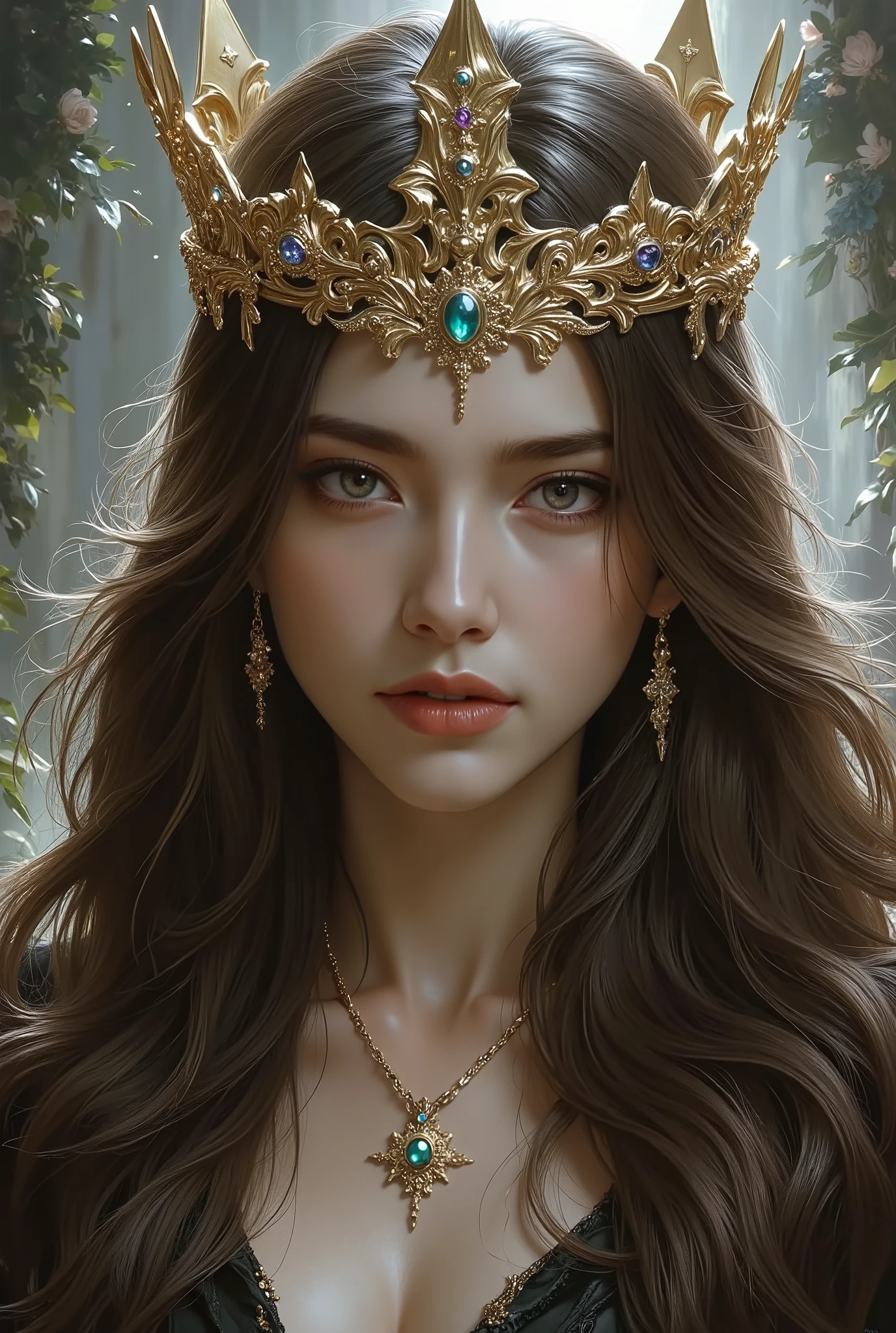 of brown hair, And blue eyes with their crown on their heads.