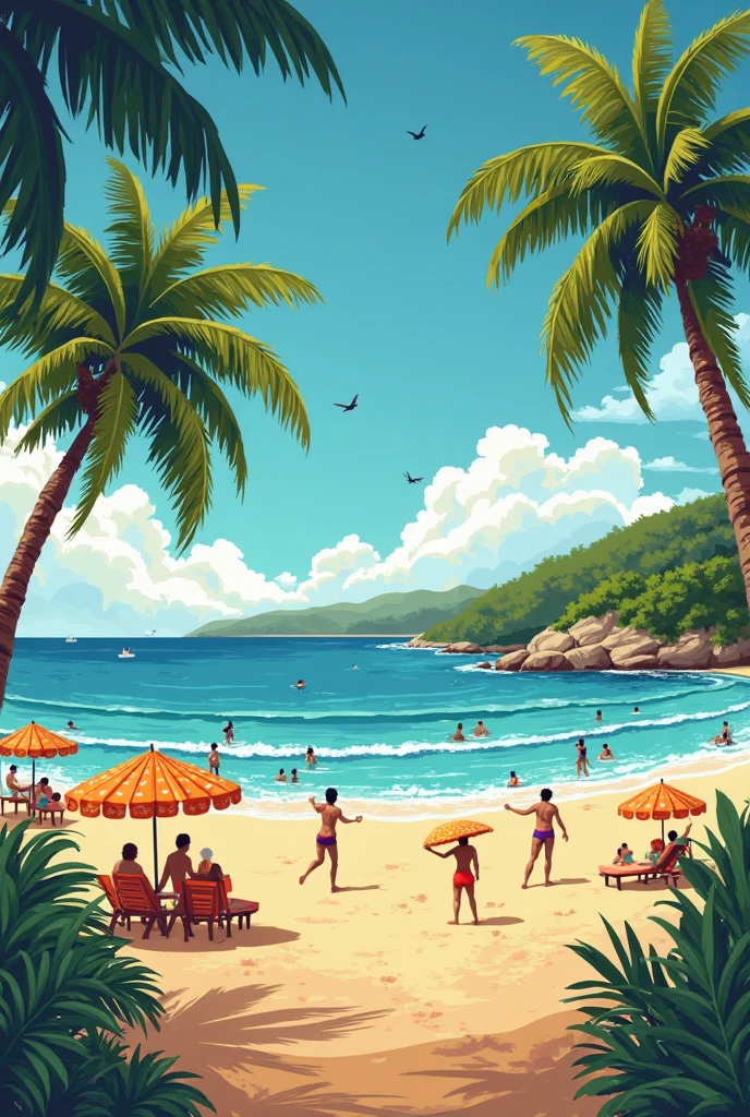 painting of women on the beach, sunny, boats, coconut tree, modern art