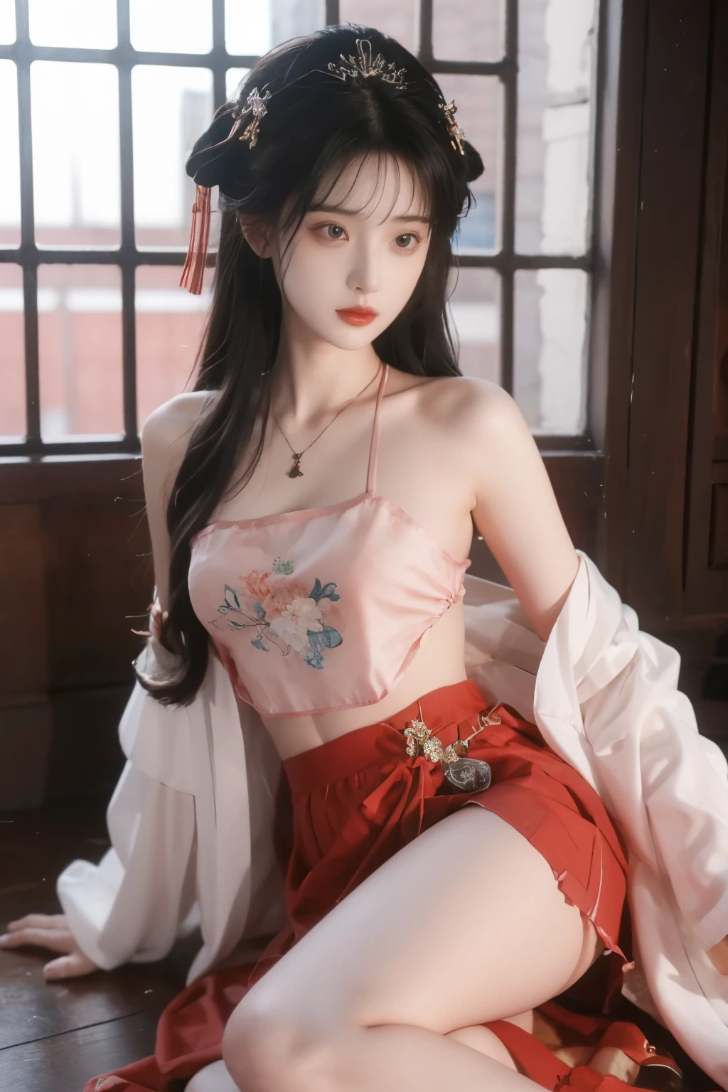 has the best quality, masterpiece, High Aims, 1 girl, Beautiful red Hanfu, Hair ornaments, necklace, ornament, pretty face, When the body, Tyndell effect, Realistic portrait, Dark Studio , Edge lighting, Bicolor Light , (very delicate skin:1.2), 8,000 uhd, DSLR, Soft Light, high quality, Volumetric Lighting, Honest, photo, High Resolution, 4K, 8,000, Bokeh, dark hair,PINK HAIR TIPS, pink eyes.1 girl, skirt, Hair accessories , red skirt, alone, Chinese clothing , long hair, Sitting, Bare shoulders, window, brown hair, OK, Indoor, dark hair,