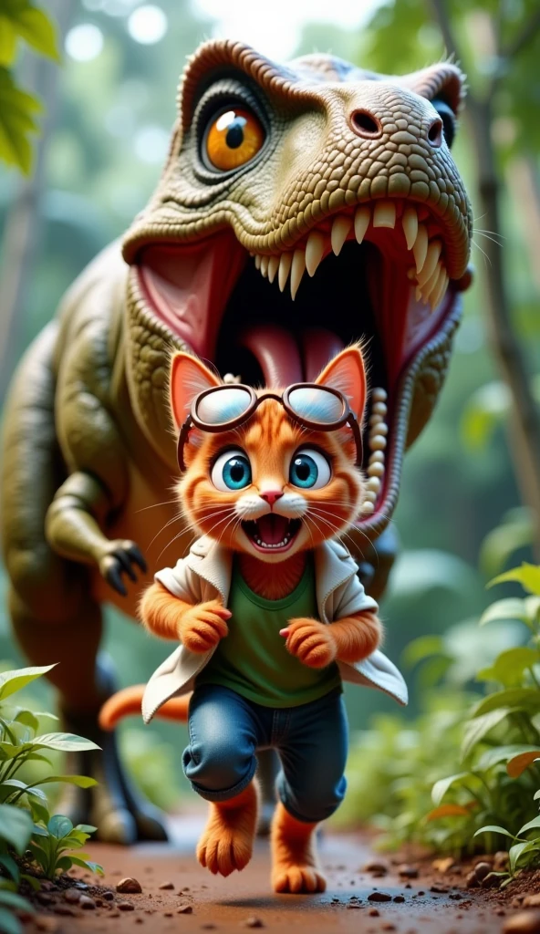 In the prehistoric jungle of the Jurassic period. A red anthropomorphic kitten with big, frightened, blue eyes and mouth open with terror, wearing round safety glasses, green T-shirt, blue jeans and white coat is running away from a huge Tyrannosaurus with powerful muscles, green-brown scales, yellow eyes and sharp teeth in its open mouth. The focus is on the very frightened face of a kitten with its paws up and the open mouth of the tyrannosaurus. Cinematic style, detailed illustration, photo quality very high.
