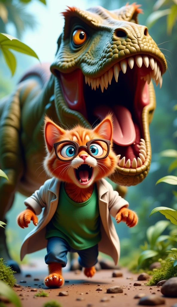 In the prehistoric jungle of the Jurassic period. A red anthropomorphic kitten with big, frightened, blue eyes and mouth open with terror, wearing round safety glasses, green T-shirt, blue jeans and white coat is running away from a huge Tyrannosaurus with powerful muscles, green-brown scales, yellow eyes and sharp teeth in its open mouth. The focus is on the very frightened face of a kitten with its paws up and the open mouth of the tyrannosaurus. Cinematic style, detailed illustration, photo quality very high.