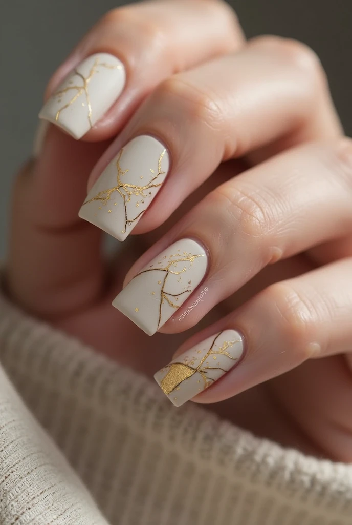 **Marble Elegance Nail Art:** The nails are adorned with sophisticated marble patterns in shades of white, grey, and soft gold. The background is a continuation of the marble effect with subtle veining and texture, creating a cohesive and elegant look. This design offers a chic and timeless aesthetic, resembling polished marble surfaces.