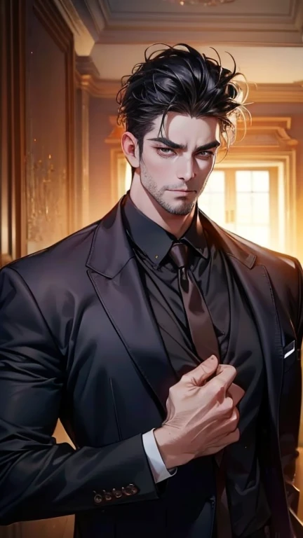 a handsome man with a big chest in a black jacket, big pecs, extremely detailed facial features, sharp focus, highly detailed skin, shirtless, realistic hyper-detailed portrait, photorealistic, cinematic lighting, high contrast, vivid colors, 8k, masterpiece
