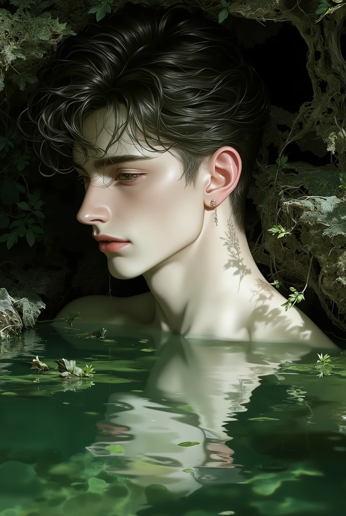 Narcissus as an adolescent Caucasian man, white pale skin , no beard, soft green grey eyes, dark afro expresso hair, face and features soft sculpted lips, well-defined jaws and cheekbones divine beauty , Divine Aura, the edge of a lake in a beautiful forest. golden ratio face