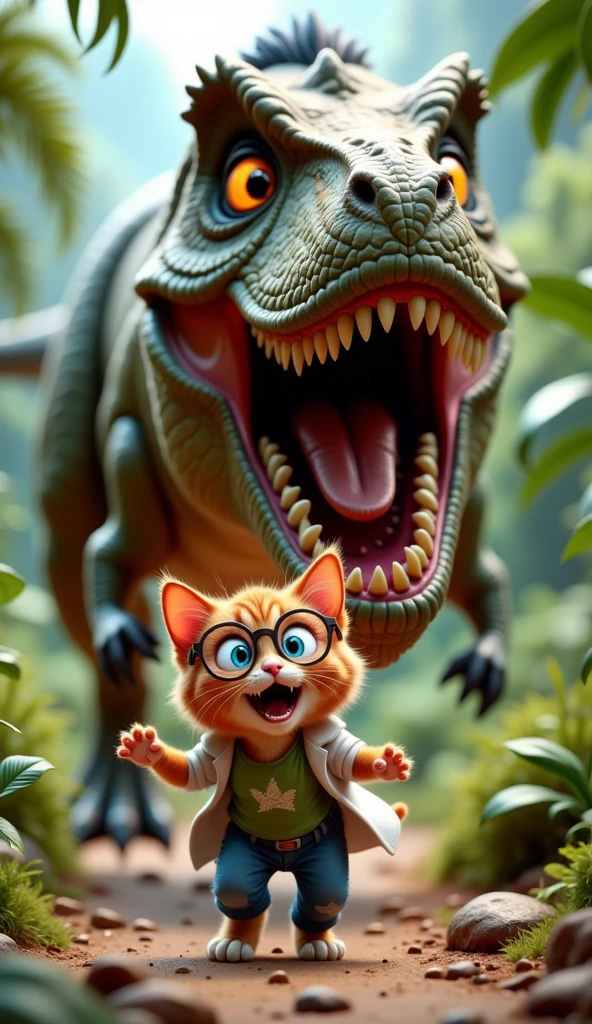 In the prehistoric jungle of the Jurassic period. A red anthropomorphic kitten with big, frightened, blue eyes and mouth open with terror, wearing round safety glasses, green T-shirt, blue jeans and white coat is running away from a huge Tyrannosaurus with powerful muscles, green-brown scales, yellow eyes and sharp teeth in its open mouth. The focus is on the very frightened face of the kitten with its paws up and the open mouth of the tyrannosaurus, which has almost grabbed the kitten. Cinematic style, detailed illustration, photo quality very high.