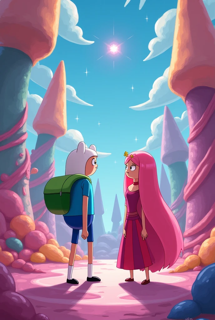 Create photos of Fin and Princess jelly beans in different places adventure time