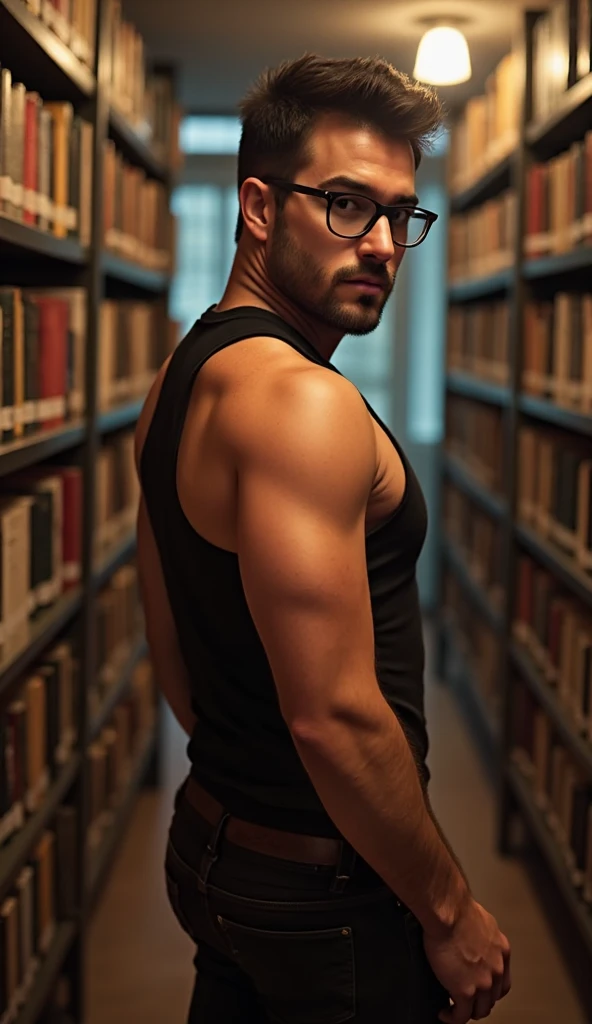 best quality, masterpiece, extremely detailed, masculine, 25 year old muscular bodybuilder man, wearing glasses, innocent round face with soft features, (muscular bodybuilder), gentle smile, fitted clothes, quartz crystal pendant, leaning against bookshelf, in library, afterhours, at night, very dim lighting, dark cinematic shadows, dreamy atmosphere, perfect face, perfect hands, perfection