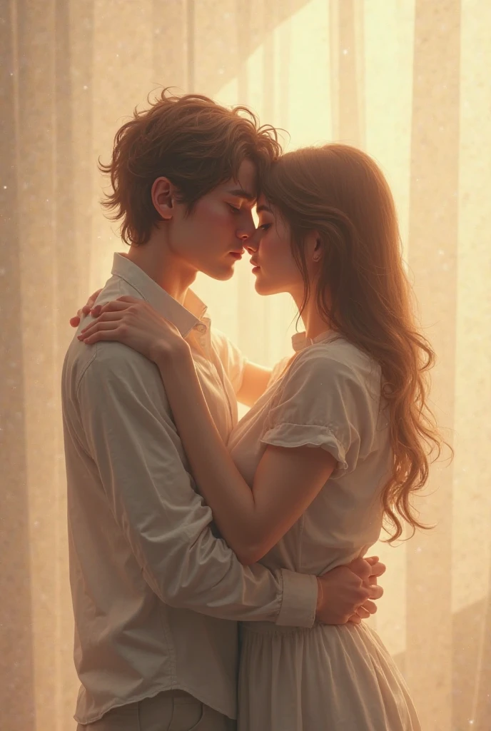 Couple portrait, (man and woman:1. 3), high-quality, high-resolution, beauty with two characters, light brown hair with green eyes, activity at night, honest and cheerful smiles, hugging with the heart, giving a kiss over the shoulder, happy and pure movement of love