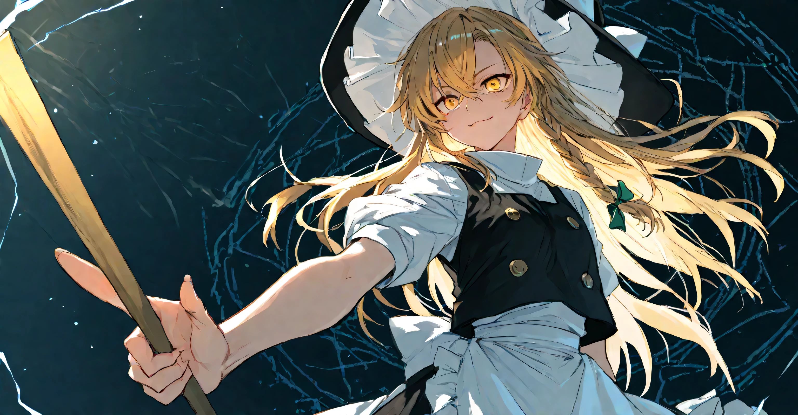 Kirisame Marisa、golden hair、golden eyes、 subtle yet dramatic lighting effects ,dark atmosphere、 beautiful and delicate eyes,best quality、illustration drawn from a viewpoint a few meters away。solo。 illustration from the front。Illustration that emphasizes the eyes。belligerent eyes 、, open your eyes and smile at 、Open your eyes and smile。the magic circle is drawn in the eye。 illustration from the front。I'm standing and pointing one hand in this direction。the magic circle is spread out countless times in the background。