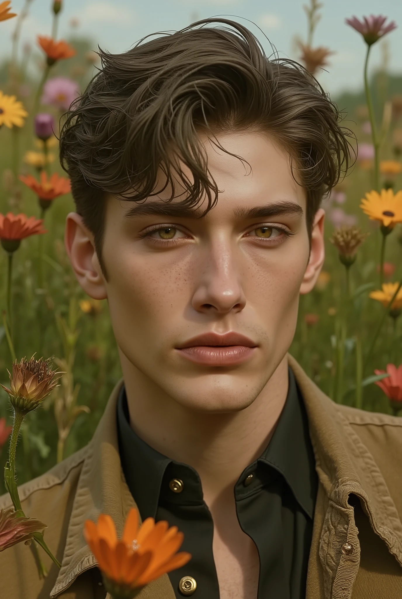 Behold ((1man)), fashion editorial photo shot, a photogenic male supermodel, ealy twenty, reminiscent of a mix between Japanese man and Lucky Blue Smith, ((hazel green eyes)), angel face with natural Blemishes and freckle, short hair, delicate With features reminiscent of a Ken doll, including (doll joints:1.37) and (plastic-like skin:1.25), symmetric face With a natural pale skin tone, he embodies youthfulness, athleticism, and he exudes a unique allure, exotic, ((setting of meadow adorned with wild colorful flowers)), ((wearing a cloth from Dior Men's by Kim Jones)), ((Buttoned-up shirt in earth tone colors)), touch of casual elegance accessories, ((stands against the backdrop of the vibrant greenery scenery)), Captured in a full-body pose with dynamic angle, the focus of the photo is on his captivating presence and the intricate details of the surroundings, he photo is taken with a Canon EOS R camera with a 85mm f/1.8 lens, f/2.2 aperture, shutter speed 1/200s, ISO 100, and natural light, by Camille Summers-Vallim, Employing three-point lighting and incorporating 3D animation shadows enhance the models' features and add depth to the composition. The layering and arrangement of body parts and surrounding objects are carefully considered to ensure a flawless composition. Ultimately, this masterpiece celebrates the beauty of the male form and invites viewers to immerse themselves in a world of sophistication and charm, with its seductive lighting, intricate details, and romantic atmosphere,--sameseed.