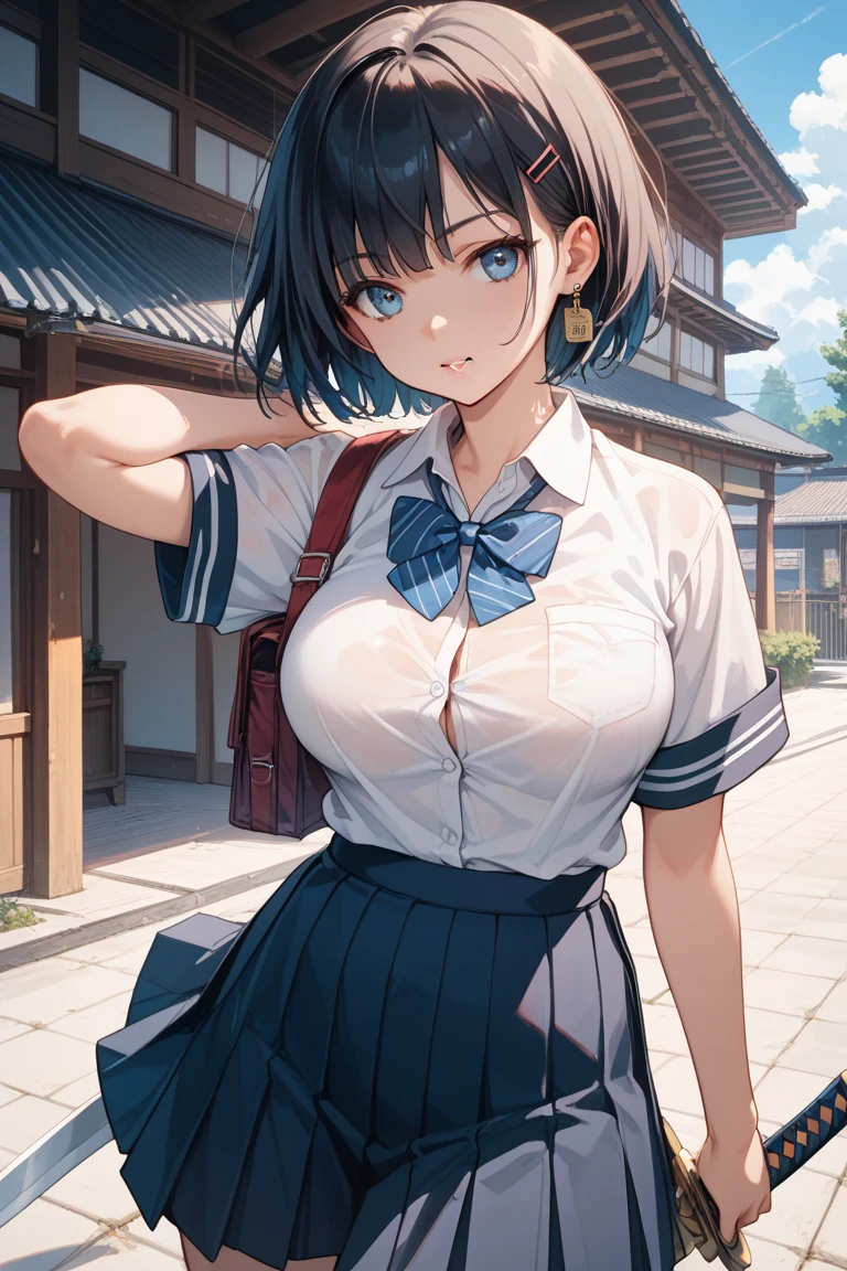 (masterpiece, best quality;1.3),extremely beautiful detailed anime face and eyes,extremely detailed illustrations,1girl, solo, 18-year-old、detailed skin, dark skin,((Japan in school uniform:1.5))、(sweat,collared shirt,tie、white crop shirt、Navel is visible、protruding nipples、navy pleated maller head、ideal ratio body proportions,slender body,medium breast,cowboy shot, shy look、 nadia,short cut hair,dark purple hair,standing, sadamoto yoshiyuki,bustling street、Tokyo、