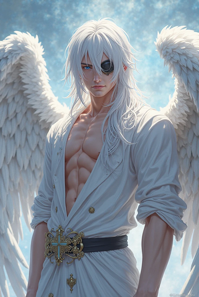 (8k,uploadsrrealista　uploads　Maximum quality;1.4) (1 young boy) Super handsome king of the underworld　(lifelike face) 　(long hair, white platinum hair)　slenderbody　Muscular and macho　White aristocratic top suit with big white eyes　white decoration　Fangs peeking out of the mouth　Pointed claws　a seductive gaze　Beautiful expression　A hyper-realistic　(King of the Underworld)　appealing　(real looking skin)　super high resolution　high détail　Luxurious white pants　White aura emanating from the body　effect　white robe 