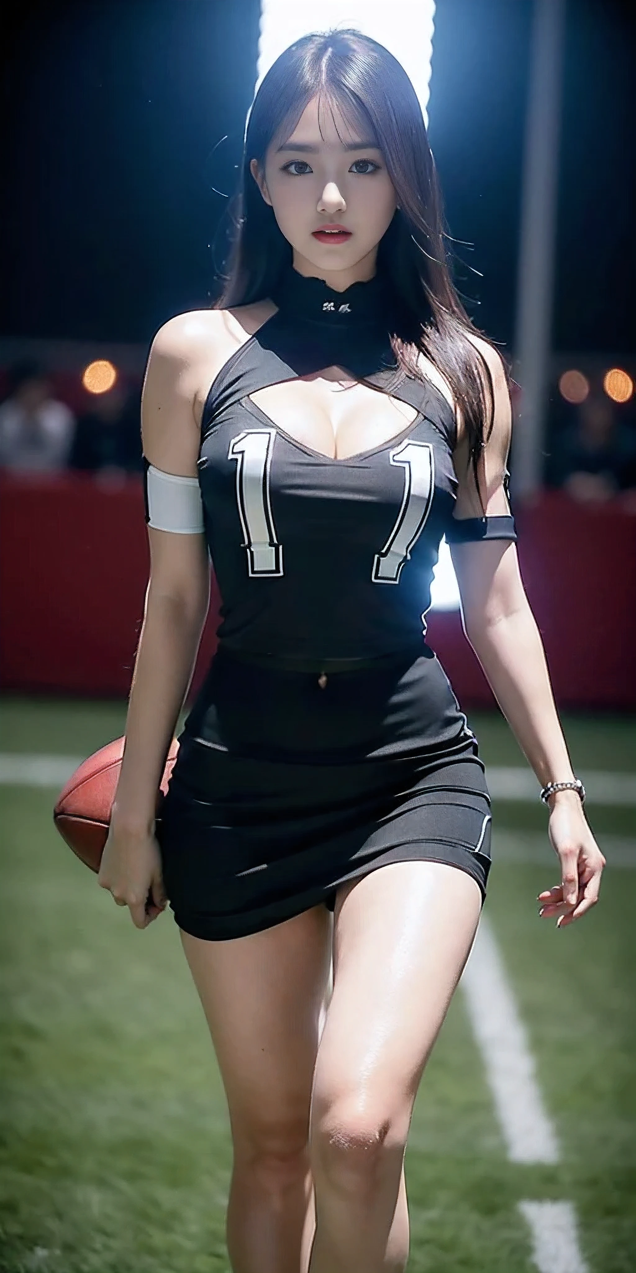 ridiculous, original photo, extremely delicate and beautiful, masterpiece, best quality, ultra high resolution, 16k, hyper-realistic, Super detailed, perfect anatomy, Super fine skin, Perfect body, Very detailed CG 8k wallpaper, in my 20s, Very slim figure, Willow Yao, The head is small, The face is small, The facial details are very rich, very detailed eyes, tear nevus, earrings, thin legs, ((very huge round breasts)), 1 girl, ((full-body shot)), bare legs, short hair, curls, light brown hair, ((football)), (locker room), sleeveless,