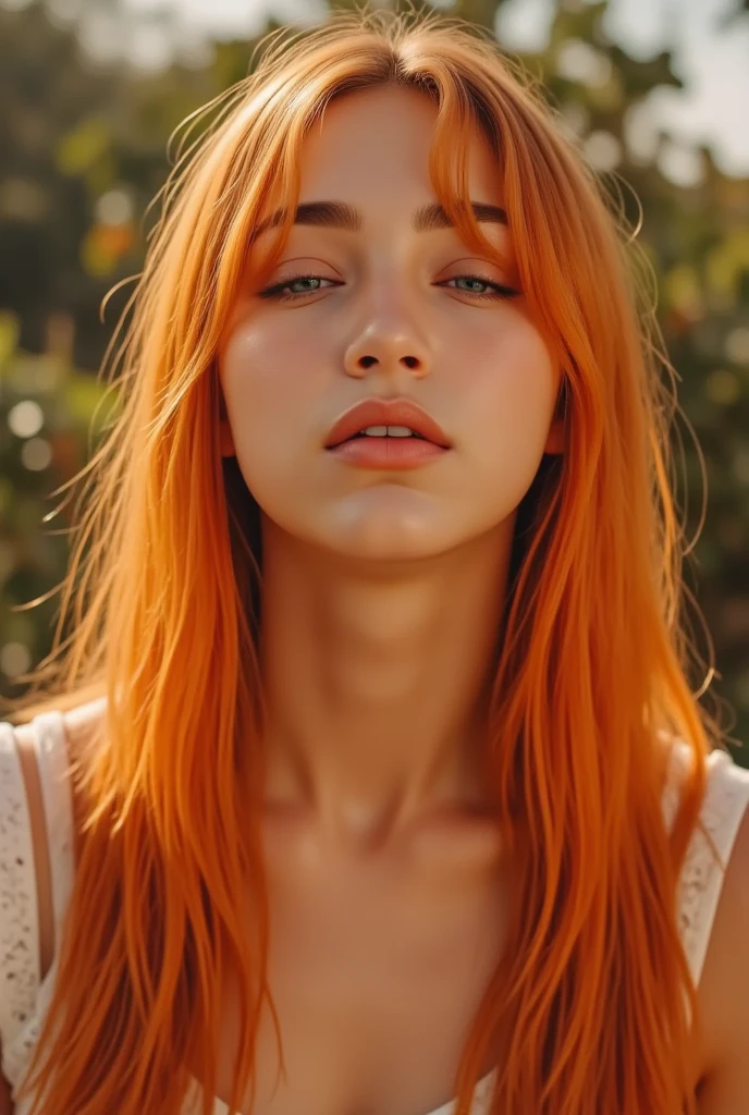 portrait frontal view,
1girl,
Long Straight Hair, pure orange hair, forehead
Close eyes,
Open mouth,
outdoor
Random light.