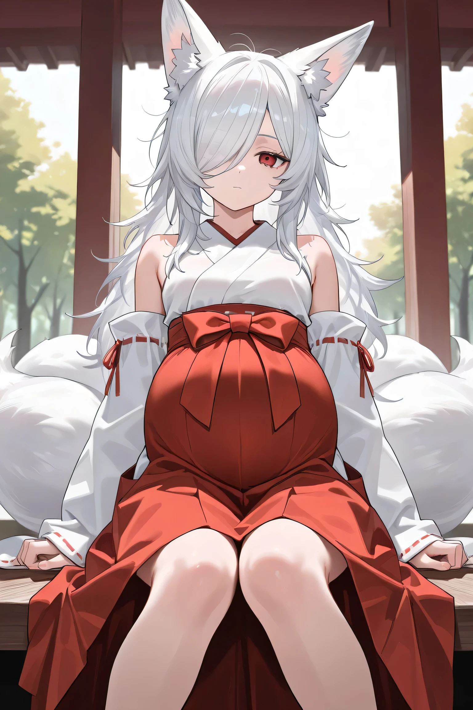 White hair girl in a shrine maiden outfit, raped and impregnated by man, restrained by man from behind, mans dick inside her pussy, man holding one of her breast, slightly pregnant belly, long hair, fluffy white eye lashes, fluffy ears, flower in hair, cleavage, Feminine smile, graceful movements, defined curves, cat walking next to her looking up happily, Cherry blossoms, peaceful atmosphere, Flashing of panties playfully, Nipple slip, large plump detailed nipples lactating milk, spraying milk from nipples, Orgasuming, mans dick in pussy, extra horney expression, 