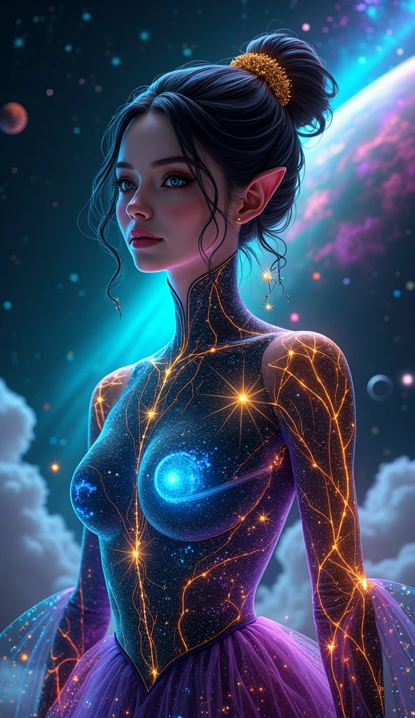(best quality, realistic, ultra-detailed), black woman with stunning features, mesmerizing eyes, flawless complexion, long curly hair flowing in the wind, sensual lips, confident and radiant smile, curvaceous body accentuated by her big, bouncing breasts, gracefully posing in the center of a UFO filled with extraterrestrial beings.

The UFO's interior is bathed in a soft, ethereal glow, casting gentle shadows on the walls. The walls are adorned with futuristic symbols and intricate patterns. Floating holographic displays surround the woman, showcasing the wonders of the universe she is exploring.

The extraterrestrial beings, ETs, are friendly and curious, observing the woman with fascination. They have slender, elegant bodies, with luminous skin and luminous eyes that reflect their advanced intelligence. Some of them have fine, feathery wings that flutter gracefully as they move.

Outside the UFO, the vastness of space stretches infinitely, filled with dazzling stars, nebulae, and galaxies, creating a breathtaking backdrop for the scene. The colors range from deep blues to vibrant purples, punctuated by the glow of distant celestial objects.

As the woman gazes out of the UFO's transparent dome, she is filled with a sense of wonder and awe. She is completely at ease in her own skin, embracing her nudist lifestyle in the company of these otherworldly beings. Together, they embark on a voyage of discovery, exploring the mysteries of the cosmos.

The overall atmosphere is one of serenity and harmony, where the beauty of the woman, the magnificence of space, and the presence of the ETs come together to create a truly mesmerizing and captivating artwork.