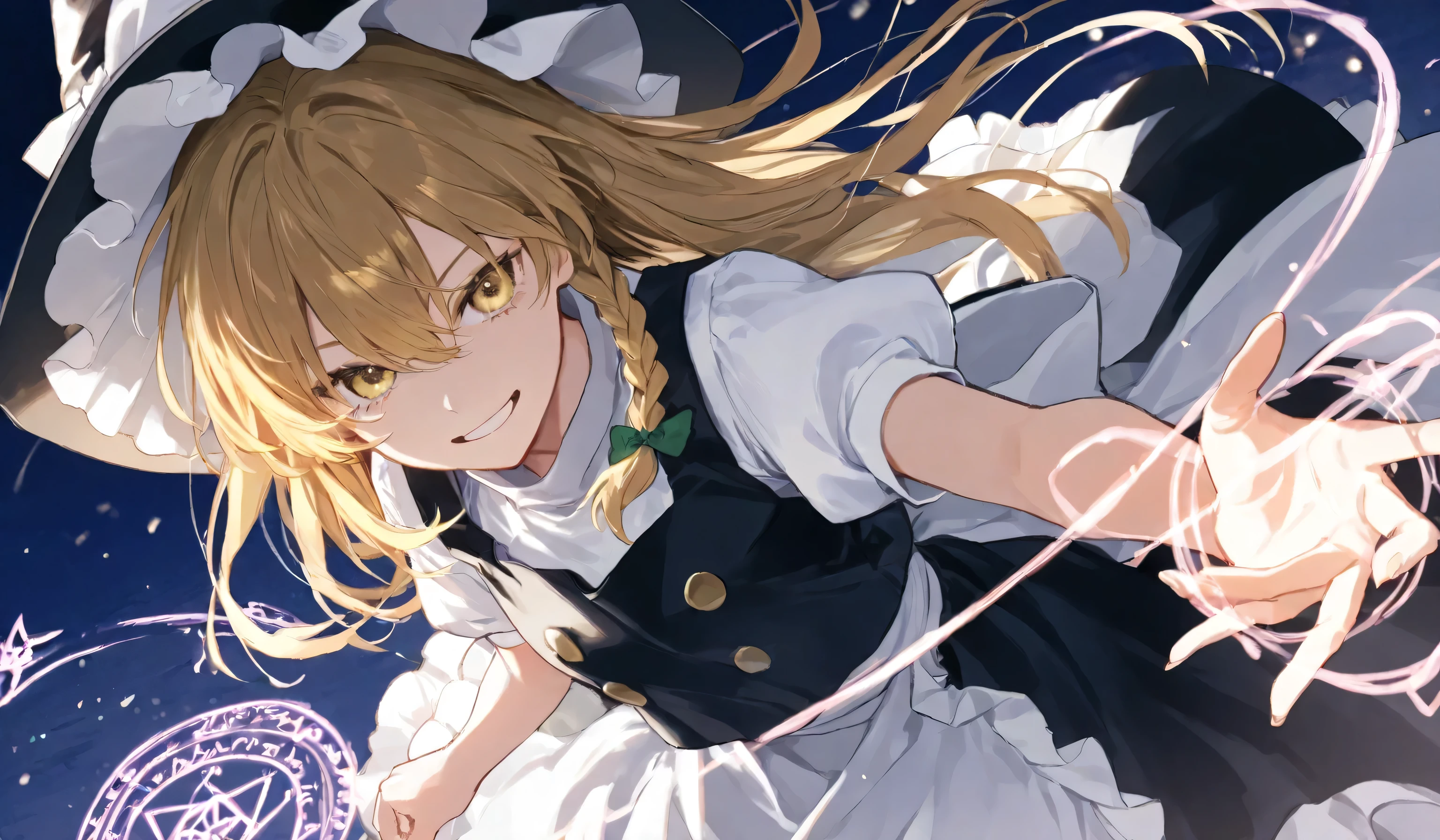 Kirisame Marisa、golden hair、golden eyes、 beautiful and delicate eyes,best quality,Superb product、illustration drawn from a viewpoint a few meters away。solo。 illustration from the front。Illustration that emphasizes the eyes。belligerent eyes 、, open your eyes and smile at 、Open your eyes and smile。the magic circle is drawn in the eye。 illustration from the front。Standing and spreading their hands this way。magic circles spread out countless background。