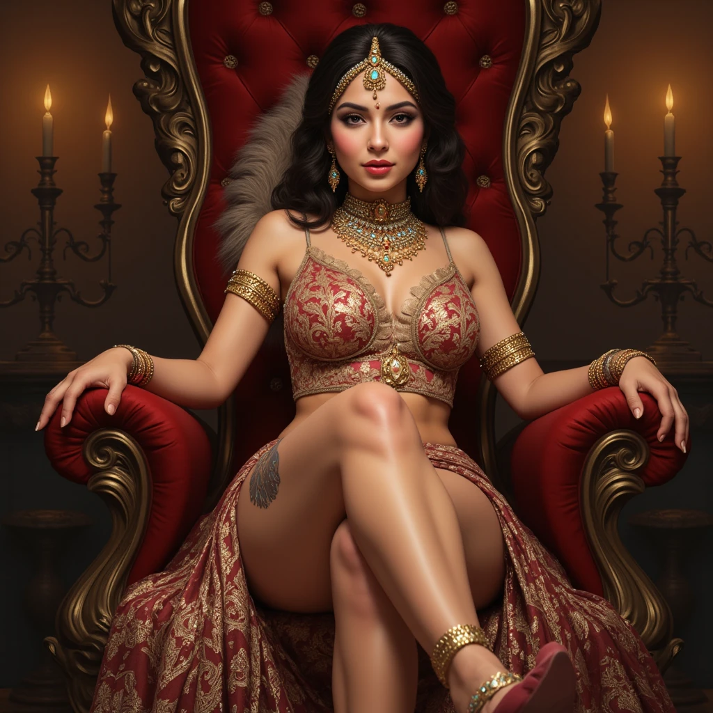 (masterpiece portrait photography:1.4) full body, of a alluring sexy curvy plump bride Lizzy Thomas, sitting on an ornate sofa, wearing ornate black bralette & lace lehenga, with golden embroidery, sheer dupatta, candles everywhere, glistening skin, (curly wavy backlit hair), glossy lips, lustful glance, sinful intentions, (captivating kohl lined eyes:1.3) , (seductive smile:1.3) in an ornate study, soft dramatic lighting, ornate room, depth of field, backlit, light rays, highly detailed, trending on artstation, paint splashes, rich colour, candlelight, seductive portrait, by Ron hicks