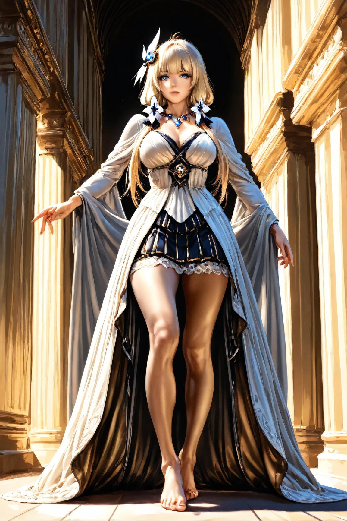 ((BLACK BACKGROUND 1:2, masterpiece)) 1solo female full body MILF BIMBO standing straight symmetrical with two long thighs and two metal sandals, red eyes like rubies, eye focus looking to the viewer, silver white hair, short bob style hair, big knockers breastplate, breastplate, cleavage, tiara royal, long cape up to two feet, yellow bikini (yellow tiger stripes), lustful smirking smiling, smile face (red blushed, red cheeks), pauldrons metal shoulders, gold sleeveless bracelets, separate sleeves, hands on waist hands OR hips, golden bracers, metal handcuffs, leather corset, red loincloth, black leather choker slave collar, shackles bracelets, slave red crest under navel, navel, big belt around waist OR hips, feet together, metal ankle, two long thighs and two metal sandals