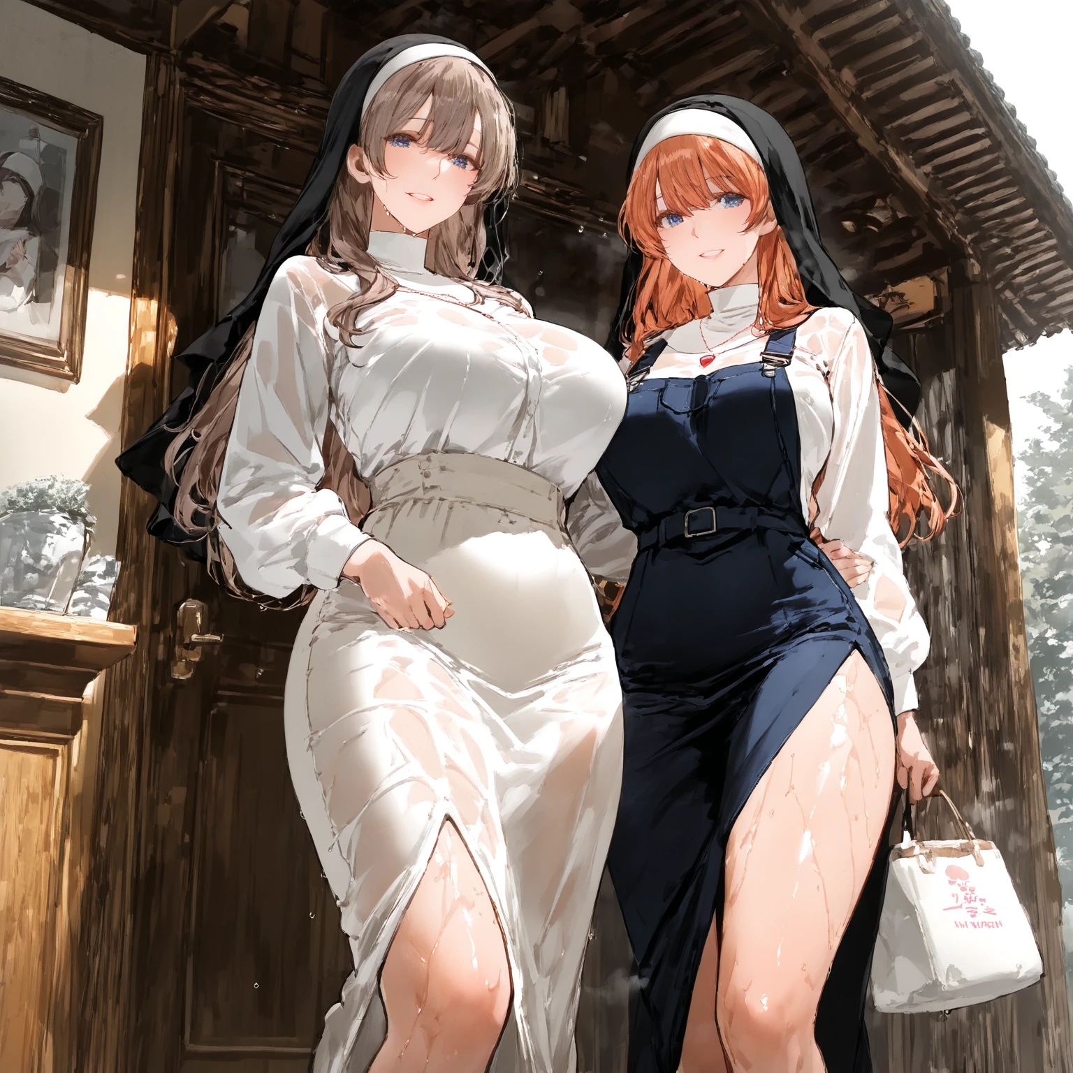 2 girls, Duet, twin, Stand side by side, Luna Nova, Teenage woman, Brown hair, Blonde hair, Long curly hair, Match hairstyle, Different hair colors, Hang down your hair, Hazel eyes, White background, best quality, Very detailed、(Huge breasts:1.8),Pregnant