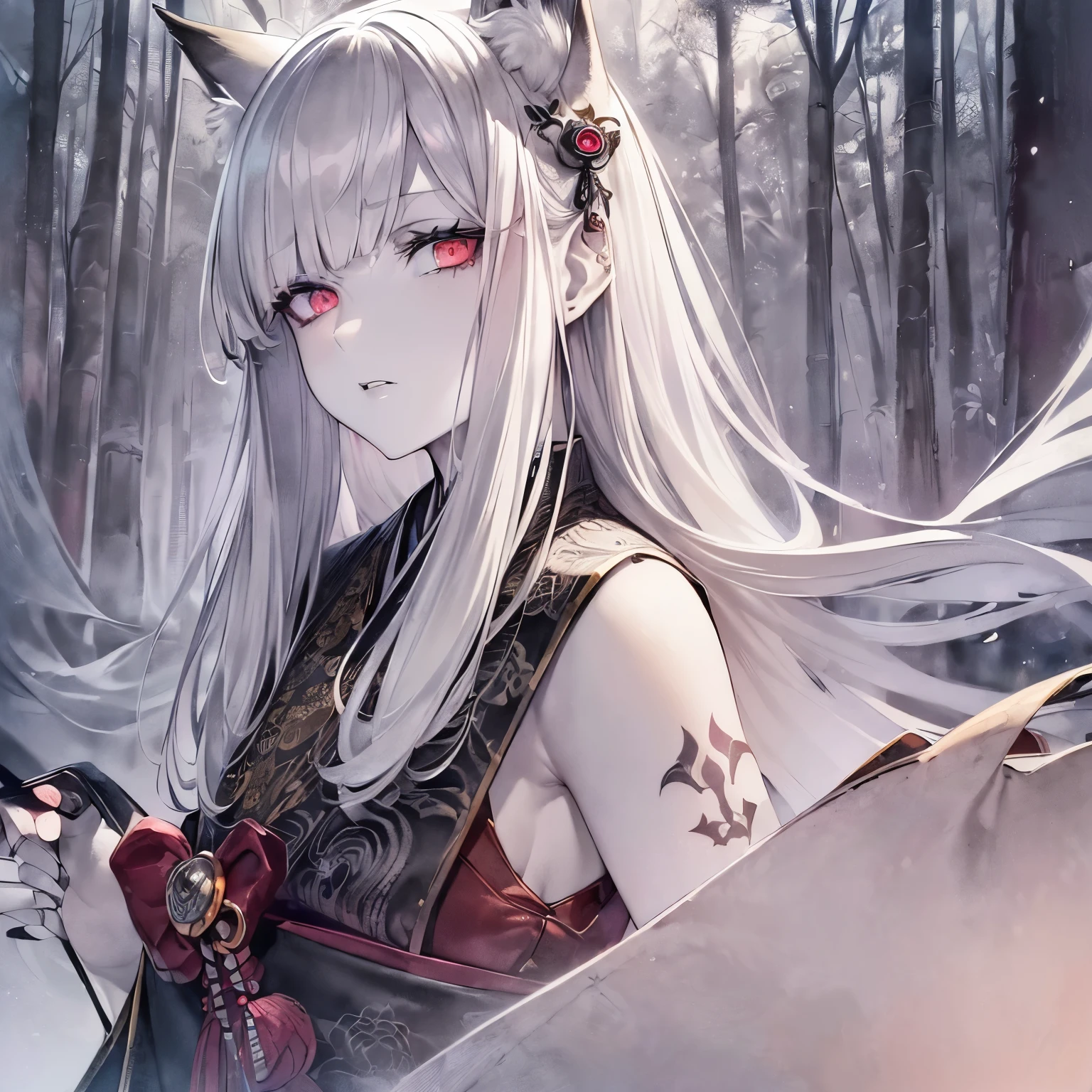 a woman with horns and a demon face sitting on a bench, medium size boobs. onmyoji detailed art, beautiful god of death, white haired deity, onmyoji, onmyoji portrait, demon anime girl, trending on artstation pixiv, beautiful elegant demon queen, rossdraws sakimimichan, handsome Japanese demon girl, anime fantasy illustration, :: rossdraws