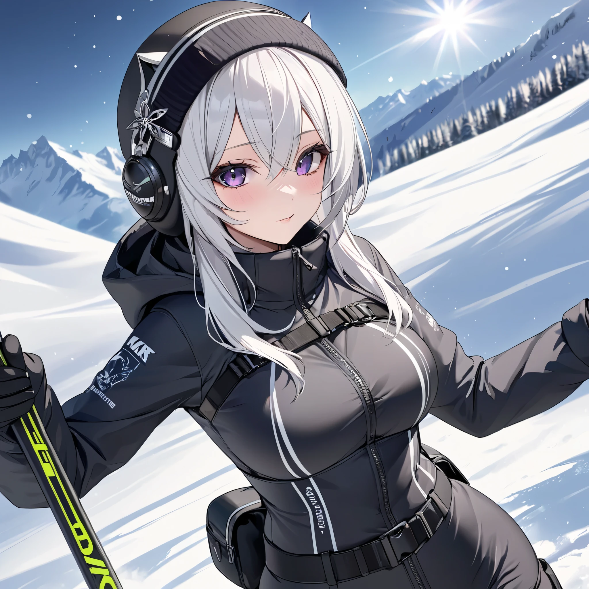 (highest quality, masterpiece, super precise, High Resolution), 8k, Anatomically Accurate Body , Nightcore, Gothic Maiden anime girl , White-haired goddess, beautiful charming anime woman, simple background, beautiful face, perfect face, 非常に詳細なbeautiful faceと目, attractive faces, detailed face, delicate facial features, above the waist, from the front, ski wear, In the snow, I'm skiing