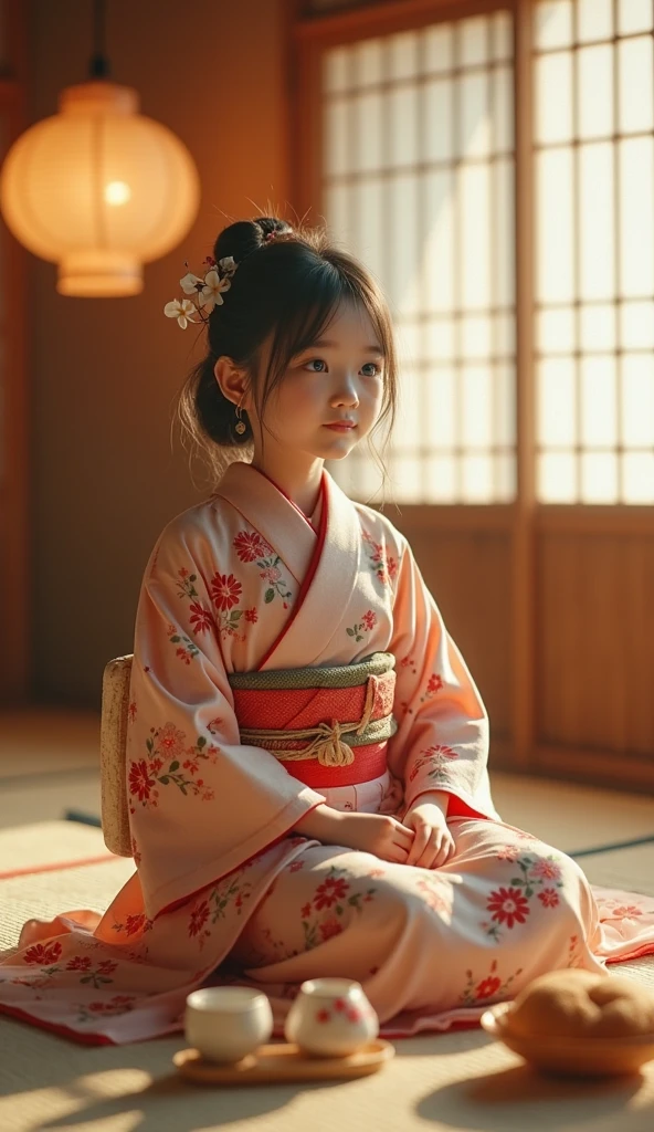 Chinese Hanfu style,A cute little girl stands in a garden filled with light orange camellias,Little girl age 6 years old,Wear light pink Hanfu,Hold the little red lantern pendant in your right hand,The clothes are light orange,There are camellia flowers on the clothes,Very detailed,best quality,4K, panoramic,looking down camera,movie lighting effects