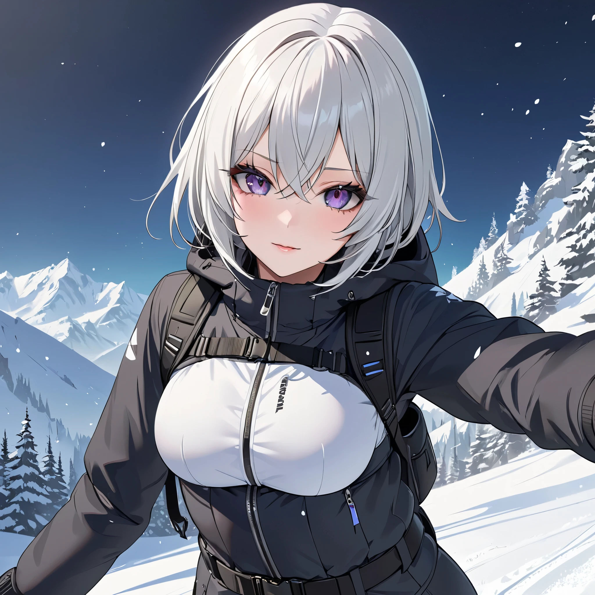 (highest quality, masterpiece, super precise, High Resolution), 8k, Anatomically Accurate Body , Nightcore, Gothic Maiden anime girl , White-haired goddess, beautiful charming anime woman, simple background, beautiful face, perfect face, 非常に詳細なbeautiful faceと目, attractive faces, detailed face, delicate facial features, above the waist, from the front, ski wear, In the snow, I'm skiing