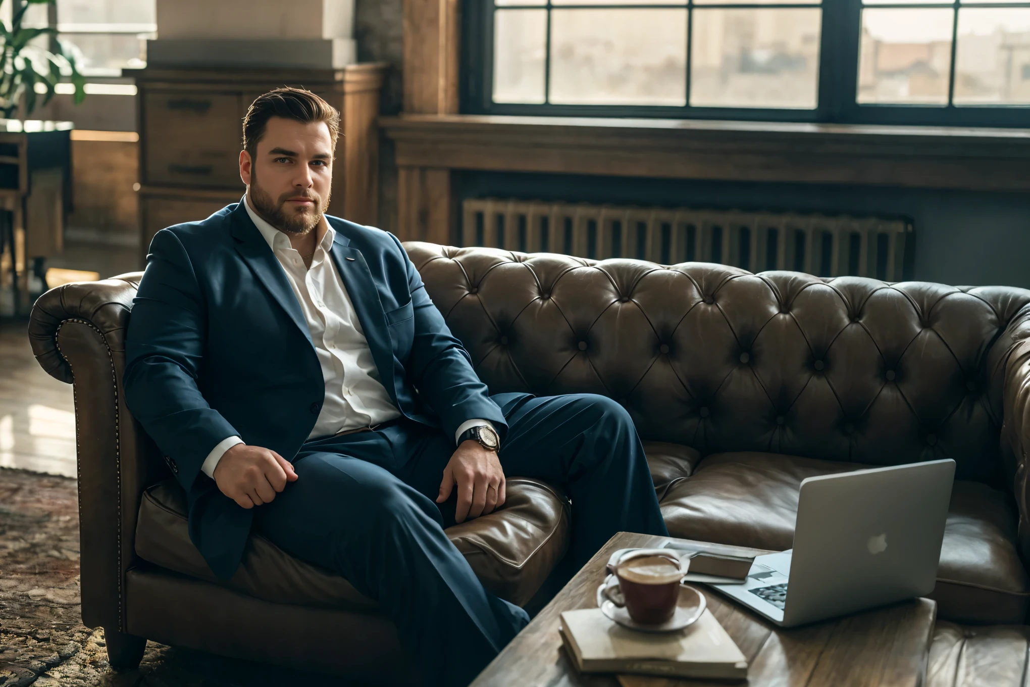 sitting on a leather couch in the living room, a fat and strong American man,deep eyes,Handsome sitting,He was wearing a neat, solid suit,shirt,Full Body Image, soft light ,Bright light during the day,super farsighted,4K、8k、fine、Ultra High Resolution、Best Quality、 HD、Intricate details、Large file size 、 are amazing,