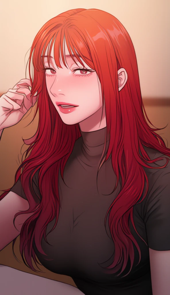 (masterpiece), the best quality, expressive eyes, perfect face, wide-shouldered young woman, detailed eyelashes , Sharp eyes, Korean girl, big eyes, squinting eyes, beautiful lips, iris redondo, Mature girl, young adult, Alone , Semi-realistic female face, blush de anime avergonzado anime touch, Defined nose, hand in hair
huge boobs, hourglass bodies, Sitting, crossed legs, hand in hair, looking at the spectator
(green hair), red bangs, long straight hair, blue eyes, blush, Charming look, ( warm smile with teeth ), at day, in the classroom, cinematic atmosphere, ( manhwa feminine )
black sleeveless t-shirt, Manhwa style, soft colors, opaque filter , by rangrarii