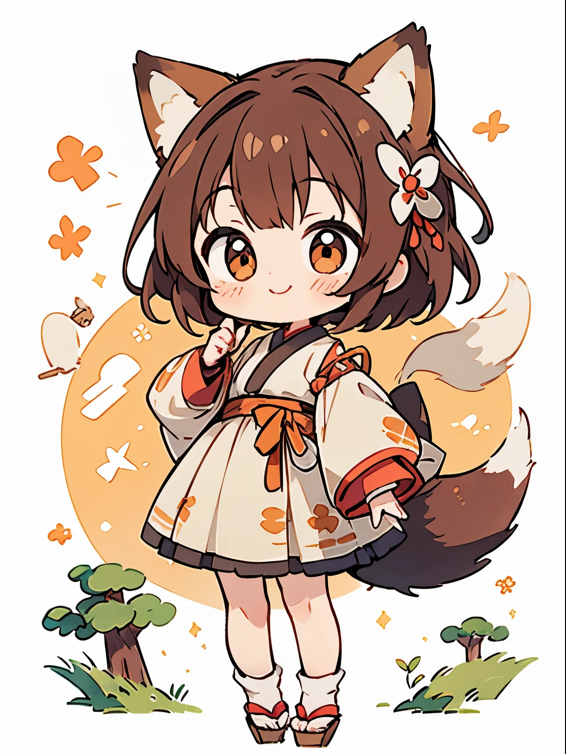 ((highest quality)), ((masterpiece)), ( details), perfect face, Perfect Arms, perfect hands, perfect finger, anime, ultra fine illustration , ((1 person)), chibi, fox ears、 ( fox girl), cute, brown hair, Playful , {( open your mouth )}, Scenery of rural Japanese villages in the old days、Outdoors, (smile:1.3), , Big fox with tail、