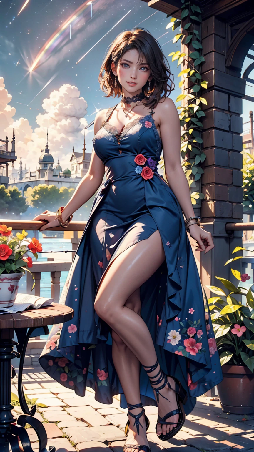(((((ung woman))), 独奏, the anime, ( Green eyes,), (black hair), (((morena))), Nice face, ssmile, the perfect body, Wavy Hair, hairlong, , big breastes, clearly drawn face , Bright make-up, red-lips, Fingernails are painted, expressive eyes, ((tmasterpiece, beste-Qualit)), illustartion, ультра детализированная 8k, Photorealistic, sharp-focus, higly detailed, Professional lighting, (Designer dress with floral print, garden, Asters, chamomile, Dahlias, lily, roses, messy bun hair