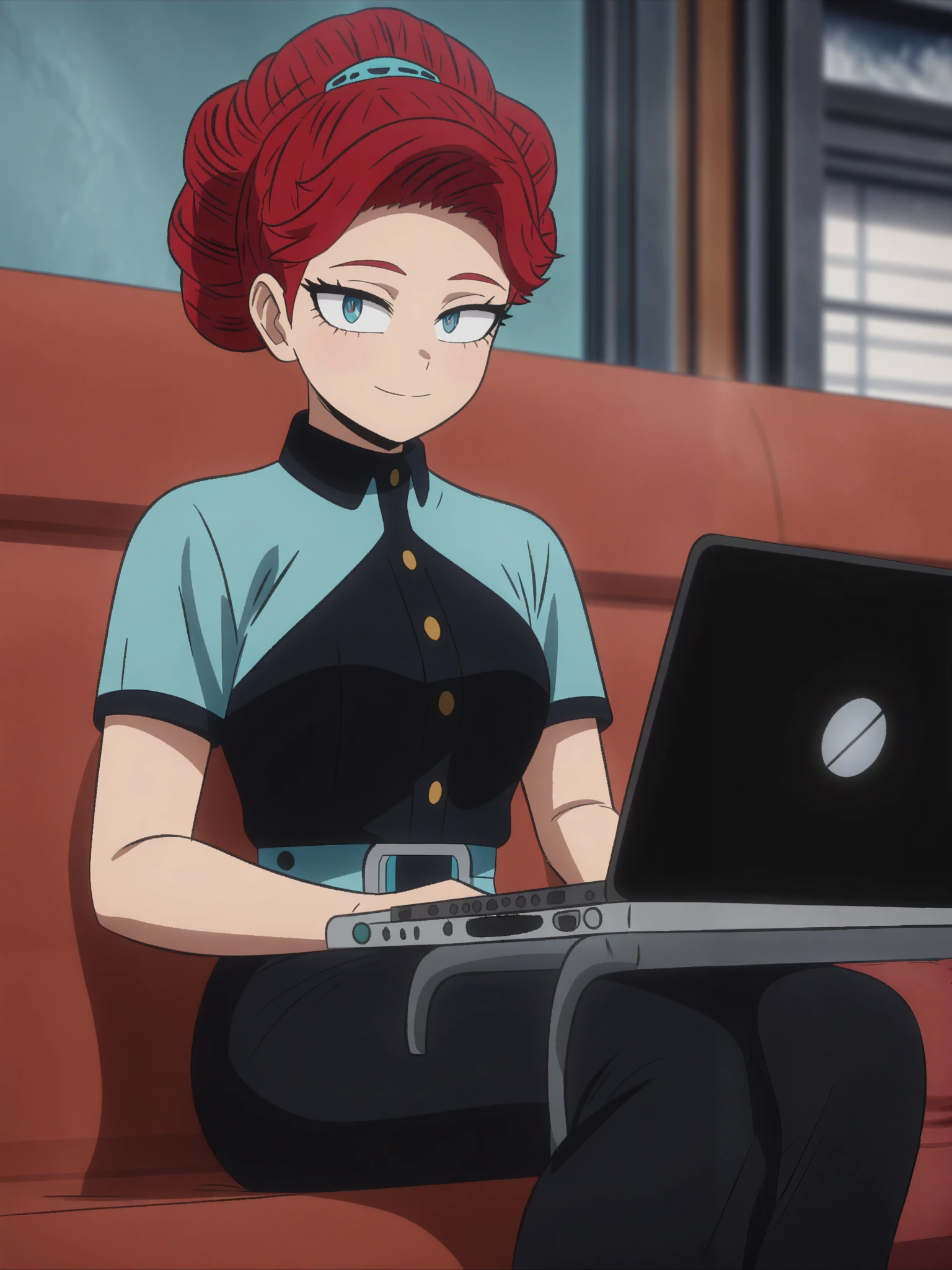 (masterpiece, best quality, anime, anime coloring:1.3, superhigh res, superdetailed). (((MHA OC, turquoise eyes, female, red hair, 1950s-style short bouffant hairstyle))). Small smile, Colorfull. Waiting room background, working on laptop whole sitting on a blue wooled waiting bench.
My Hero Academia character, MHA style, anime style, my hero academia, boku no hero academia, animated. Anime, Best Quality, Masterpiece, High Resolution, 4K, perfect body, perfect eyes, perfect eyes, Full Quality, colorfull, Looking at viewer, Anime, Anime Style, High Resolution.