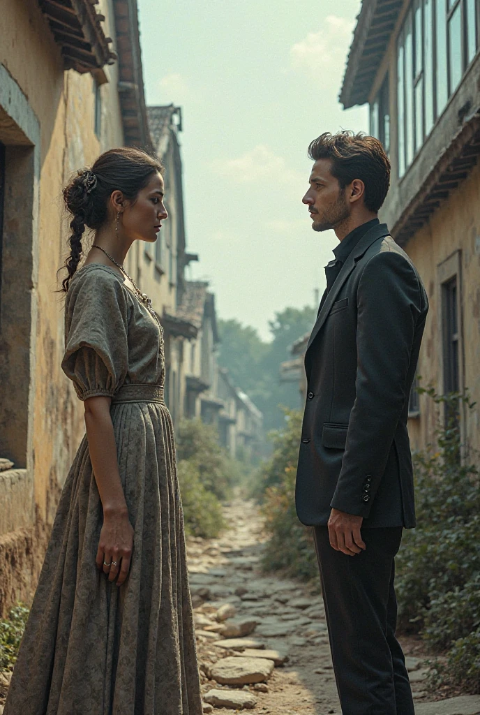 En una escena que ilustra la relación entre Rebeca y Jose Aureliano Buendía, They both stand together in a dark corner of the house, surrounded by antique furniture and uncontrolled vegetation. Rebeca, dressed in simple but elegant clothes, shows a mixture of melancholy and determination on his face. Jose Aureliano, looking disheveled and tired, He looks at her with affection. The scene reflects both their emotional closeness and the tensions that exist between them., Capturing the complexity of their bond in an atmosphere filled with nostalgia.
