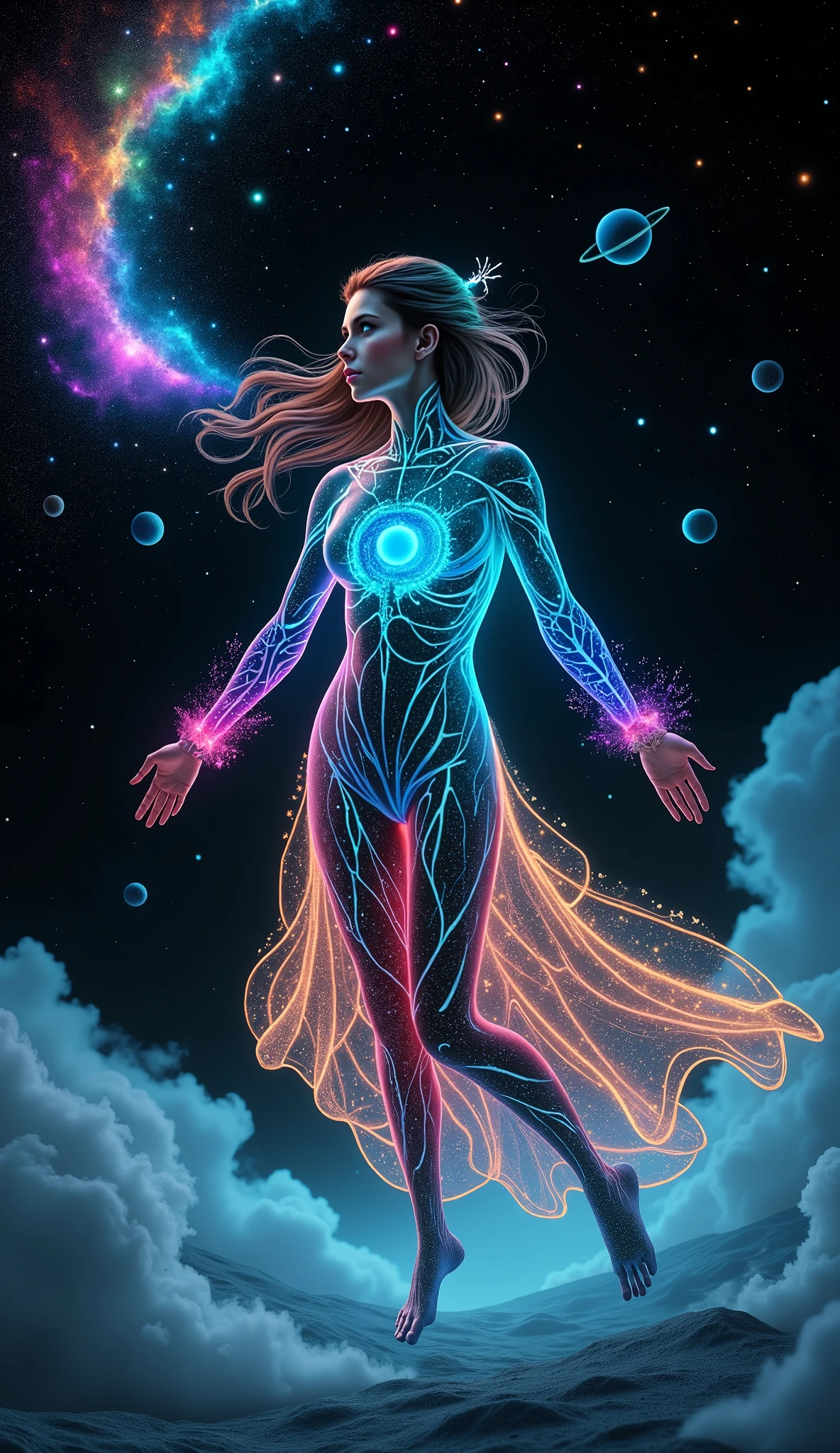 A female cosmic goddess floating in endless space, masterpiece, ultra-detailed:1.4, best quality, body as a living galaxy, translucent starry glass skin showing rotating galaxies inside (indigo blue, violet, light pink):1.3, glowing neon blue-white veins like rivers of cosmic energy:1.2, hair as a shiny black mass with Saturn-like rings interspersed with small stars and red gas clouds:1.2, wearing a universe fabric dress with galactic patterns (vortices, nebulae, small black holes), luminous sleeves with meteor-like edges (fuchsia, turquoise):1.2, chest with a glowing blue planet like Earth surrounded by golden rings:1.2, hands with small asteroids orbiting fingers with meteoric tails:1.3, eyes as two miniature galaxies (left blue spiral, right red elliptical) with neon glow:1.3, celestial anatomy, bioluminescent details, 3D depth effect, holographic particles, perfect proportions:1.2, ethereal glow:1.3, background of endless space with multi-colored nebulae (purple, turquoise, gold), distant giant planets with iridescent glow, framed by supernova explosions, [Neon glow vibrant style | F1 SSS+++ Sora:0.5], no ground, no landscape
