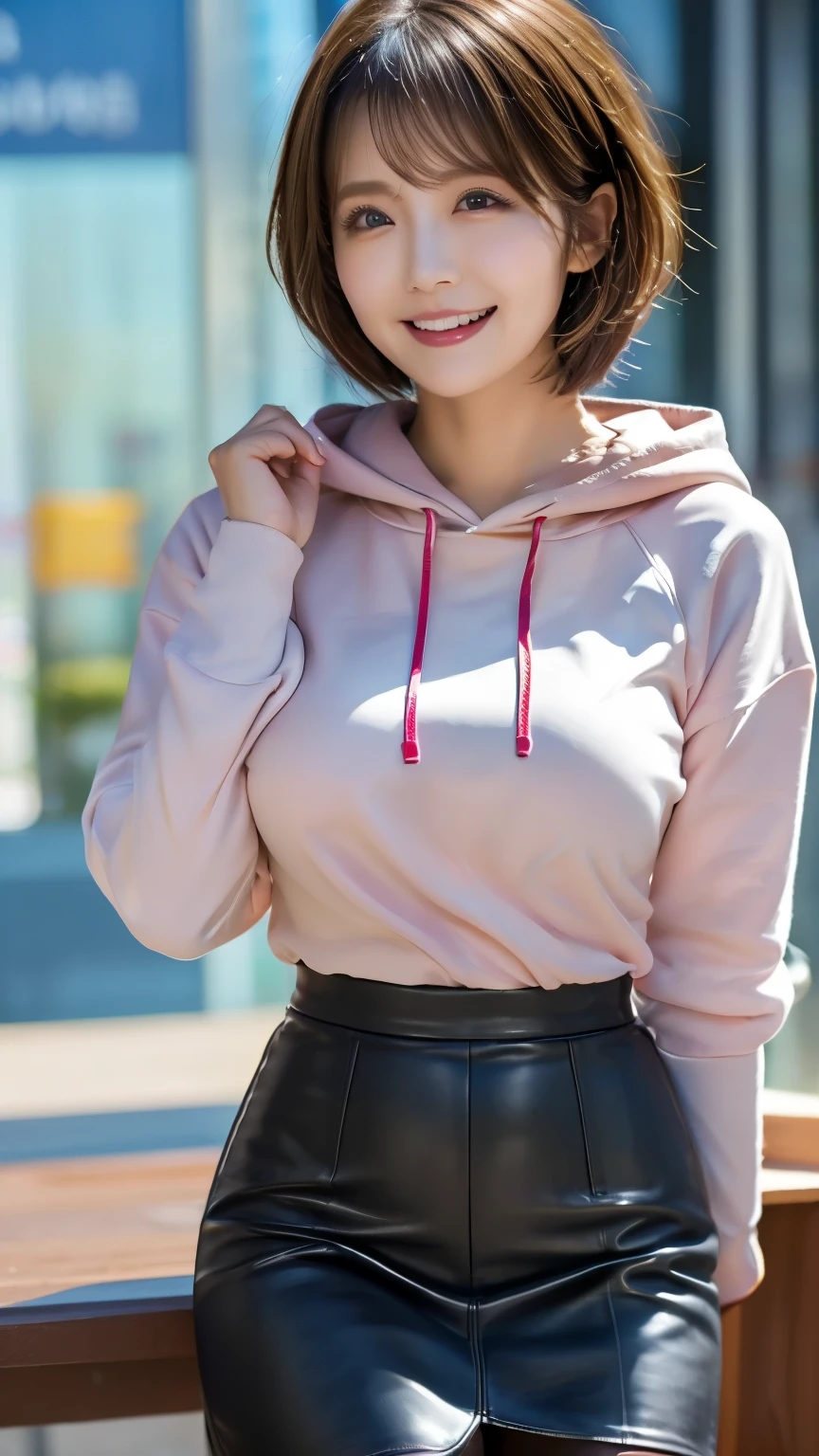 from below, looking at camera, naked body, church stained glass, Pink hoodie with zipper and low-rise micro mini denim skirt, Lift up your skirt and show your panties, kiss face, idol face, handsome face, blur the background, bob cut, super huge breasts, 14 years old, In addition, smile, masterpiece, highest quality, RAW photo, realistic, beautiful girl, cute, short hair, Depth of written boundary, High resolution, Super detailed, small details, very detailed, very detailedな目と顔, sharp pupils, cinematic lighting